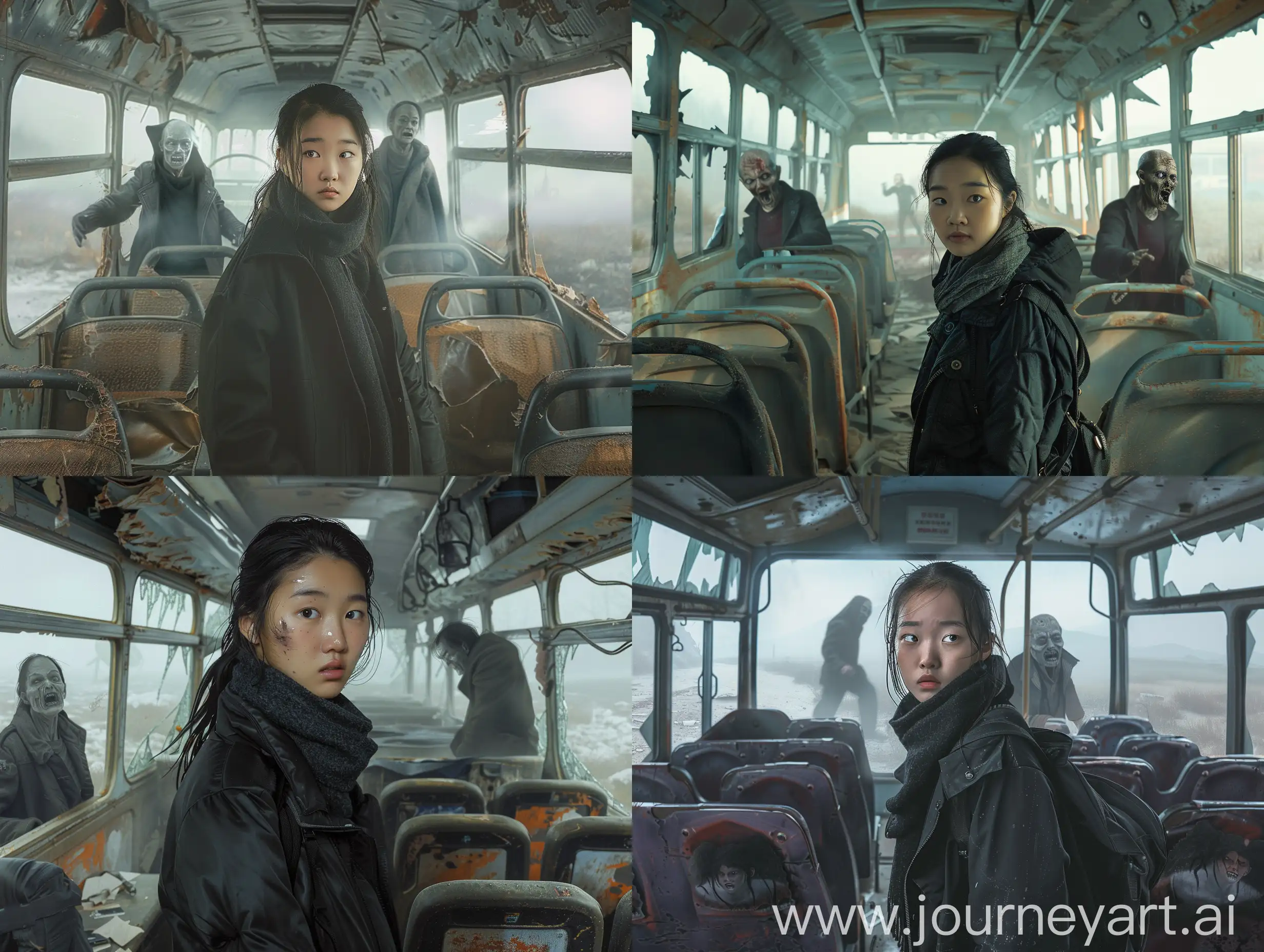 realistic, cinematic, inside a dilapidated bus. a young aisa woman with a determined, yet anxious expression, wearing a black jacket and scarf, standing amid wrecked seats. The background features a foggy, desolate landscape, with two zombie-like figures approaching through the rear bus door. The bus’s interior is decrepit, with cracked windows, peeling paint, and tattered seats, emphasizing a post-apocalyptic setting. The color palette is muted and cold, enhancing the sense of desolation and urgency, in a cinematic scene with real-life and very clear details. 
