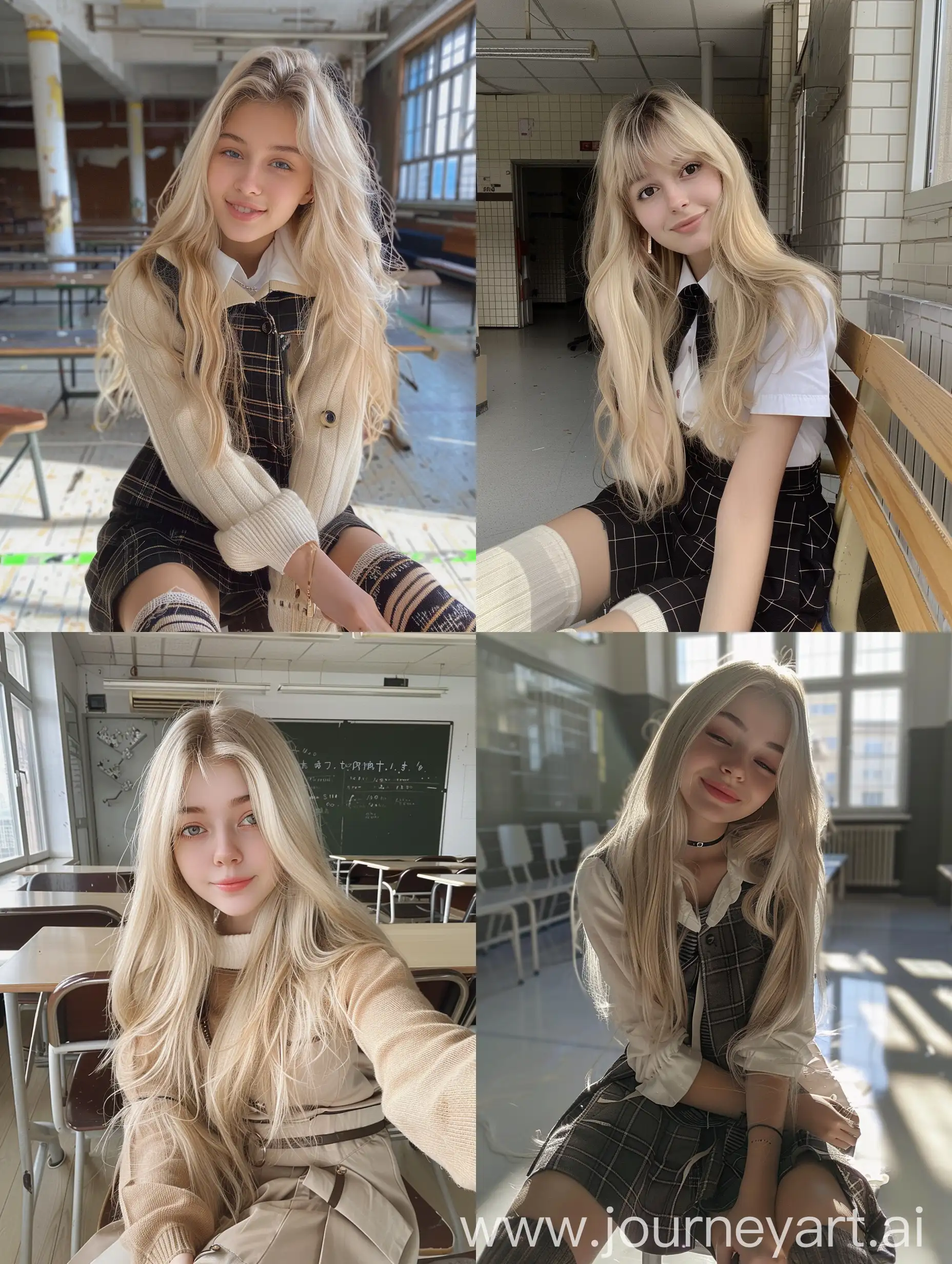1 Ukrainian girl, long blond hair , 22 years old, influencer, beauty , in the school ,school japan uniform , makeup, smiling, chão view, sitting on chair , socks and boots, no effect, selfie , iphone selfie, no filters , iphone photo natural