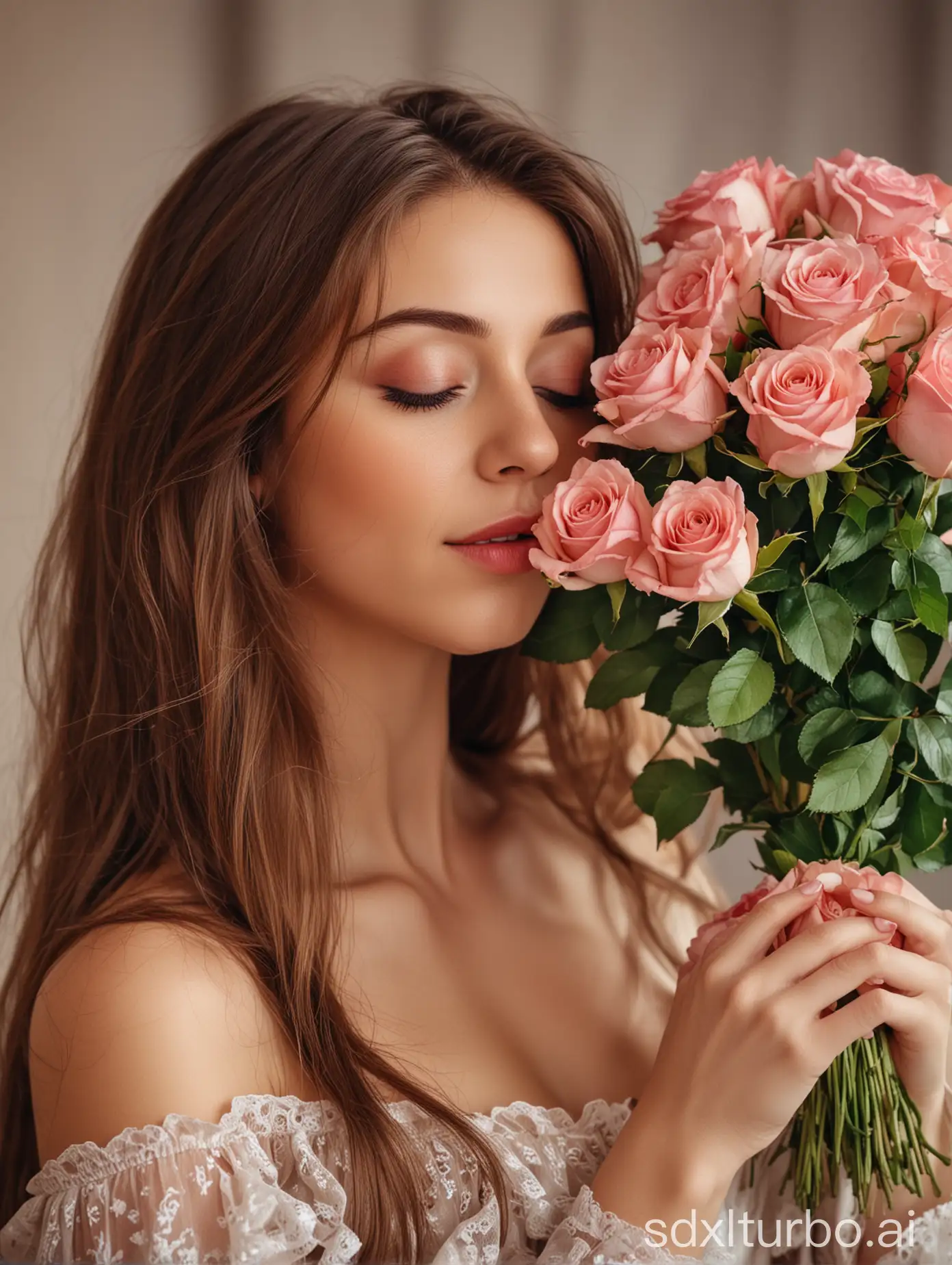 Woman-with-Long-Brown-Hair-Smelling-Bouquet-of-Realistic-Roses