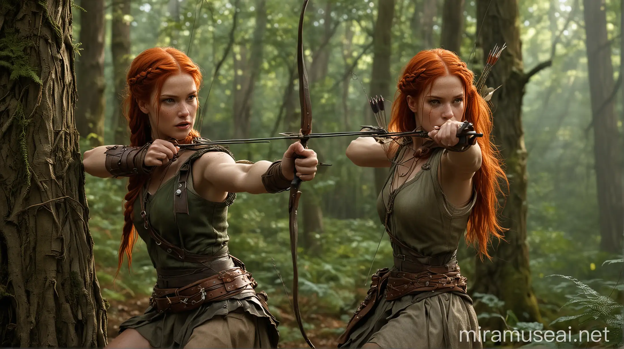 Fiery RedHaired Archer Aiming at Designer Purse in Enchanted Forest