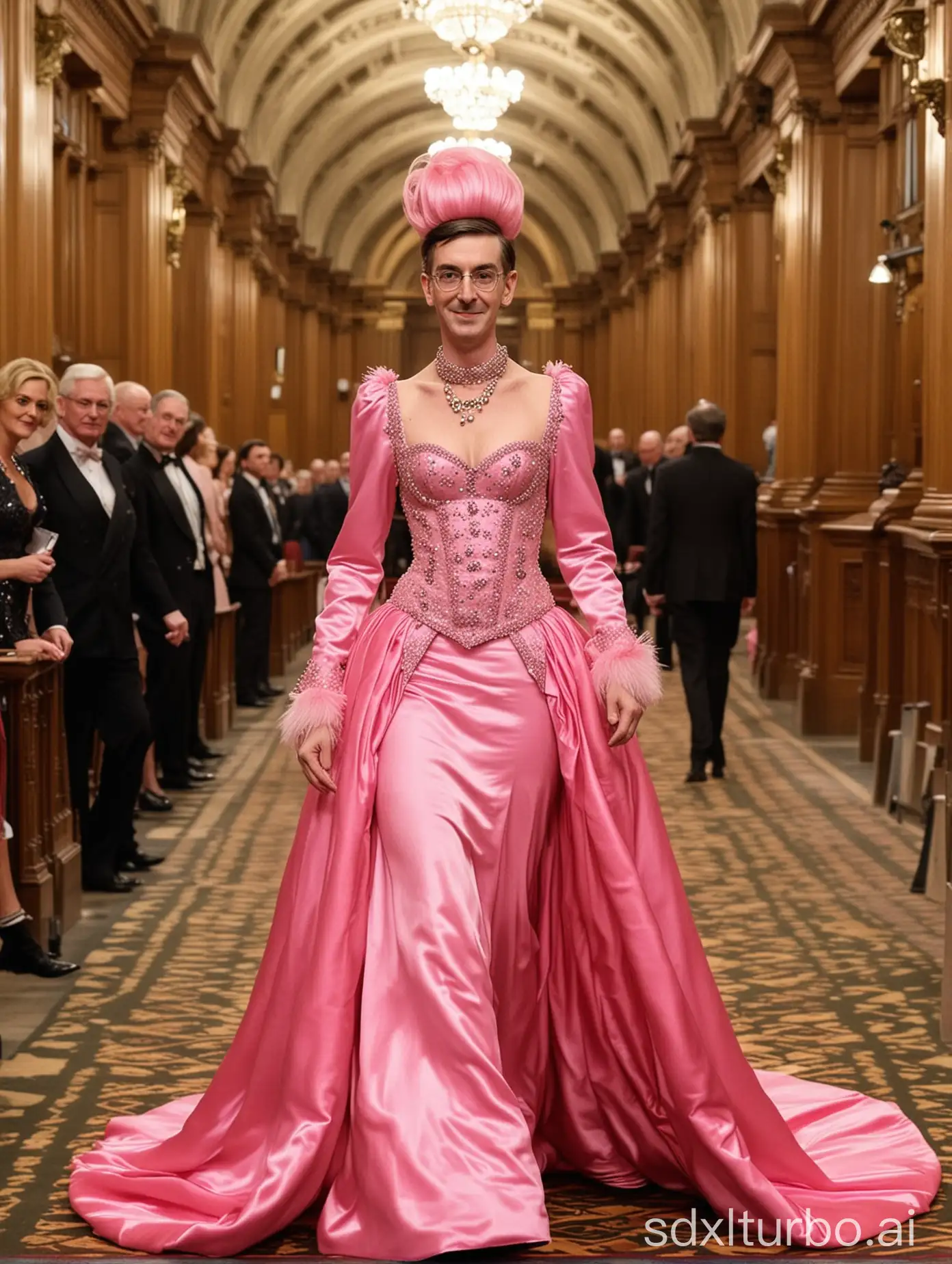 British politician Jacob Rees-Mogg as a flamboyant drag queen in a pink satin ballroom gown, catwalk through the hall of Parliament