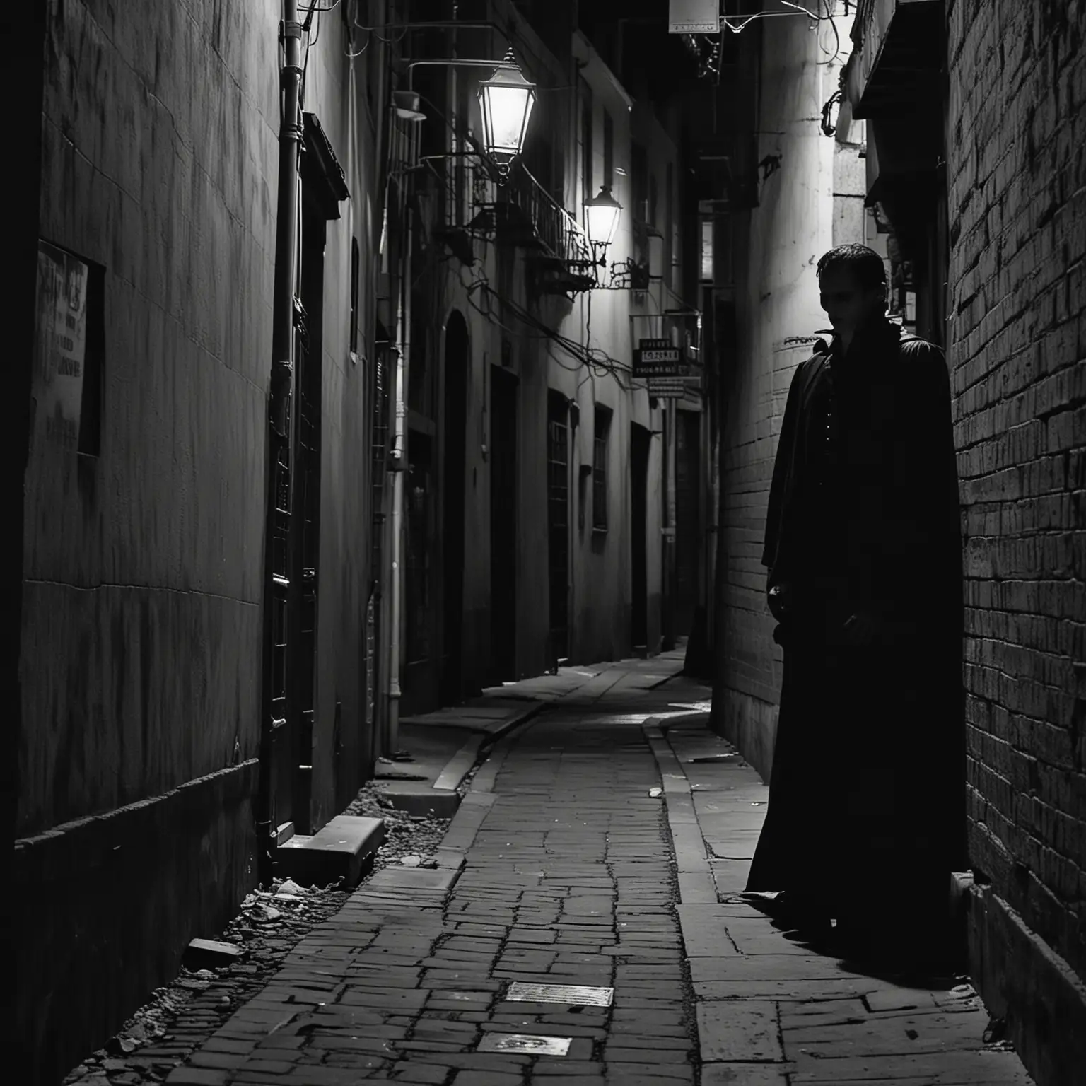  a vampire, lurking in the shadows of a streeet alley  waiting to pounce.