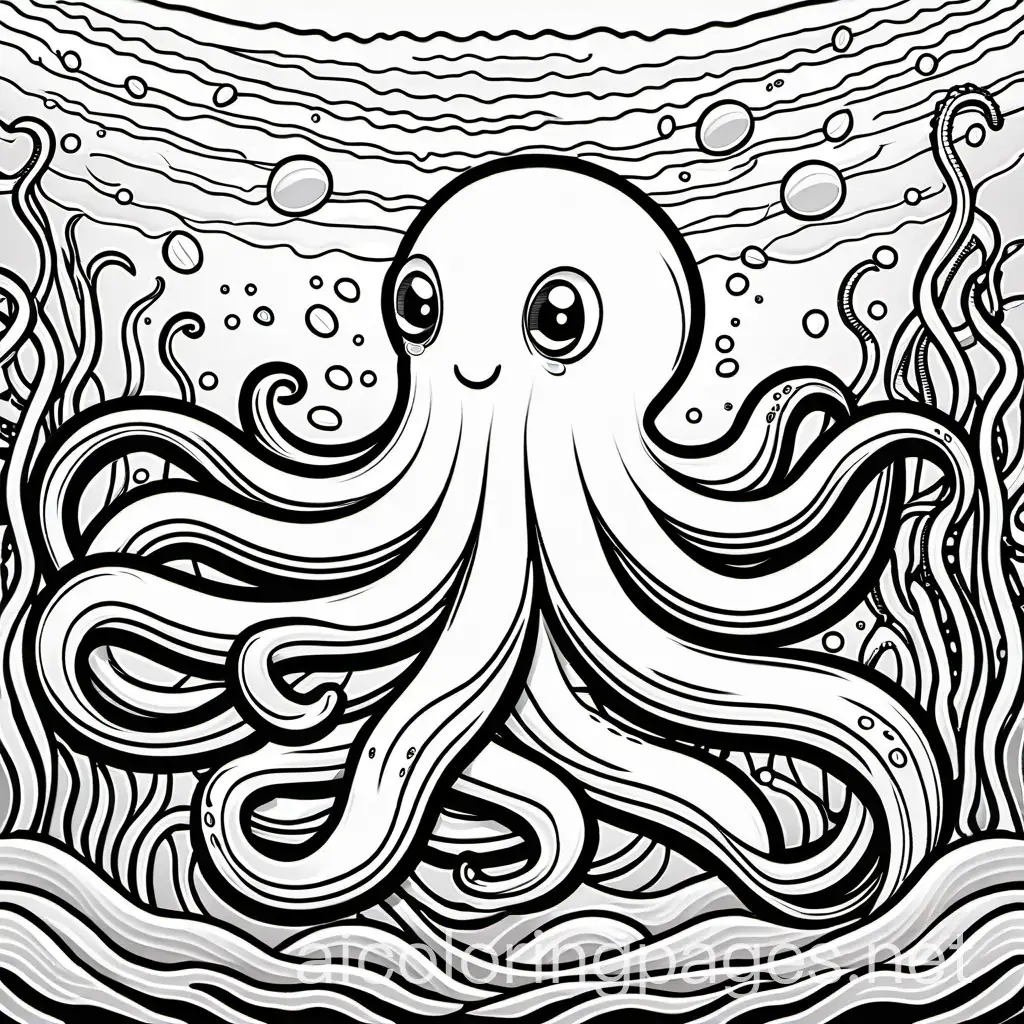 octopus underwater, Coloring Page, black and white, line art, white background, Simplicity, Ample White Space. The background of the coloring page is plain white to make it easy for young children to color within the lines. The outlines of all the subjects are easy to distinguish, making it simple for kids to color without too much difficulty