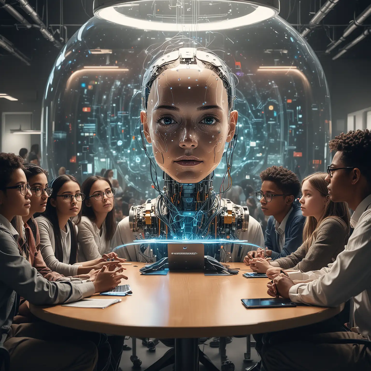  Generate an image depicting a diverse group of students and educators engaged in a discussion about AI ethics in a futuristic classroom setting. The scene should convey collaboration, critical thinking, and a sense of curiosity. Incorporate elements such as futuristic technology, transparent AI algorithms, and vibrant colors to represent the intersection of ethics, education, and advanced technology. The image should evoke a sense of optimism and empowerment, highlighting the potential for responsible AI integration to enhance learning experiences and promote ethical values in education. -ar 2:3 --sref https://s.mj.run/87Sjf94hFiI ::1.5 <https://s.mj.run/BdQFQve9VPQ>
