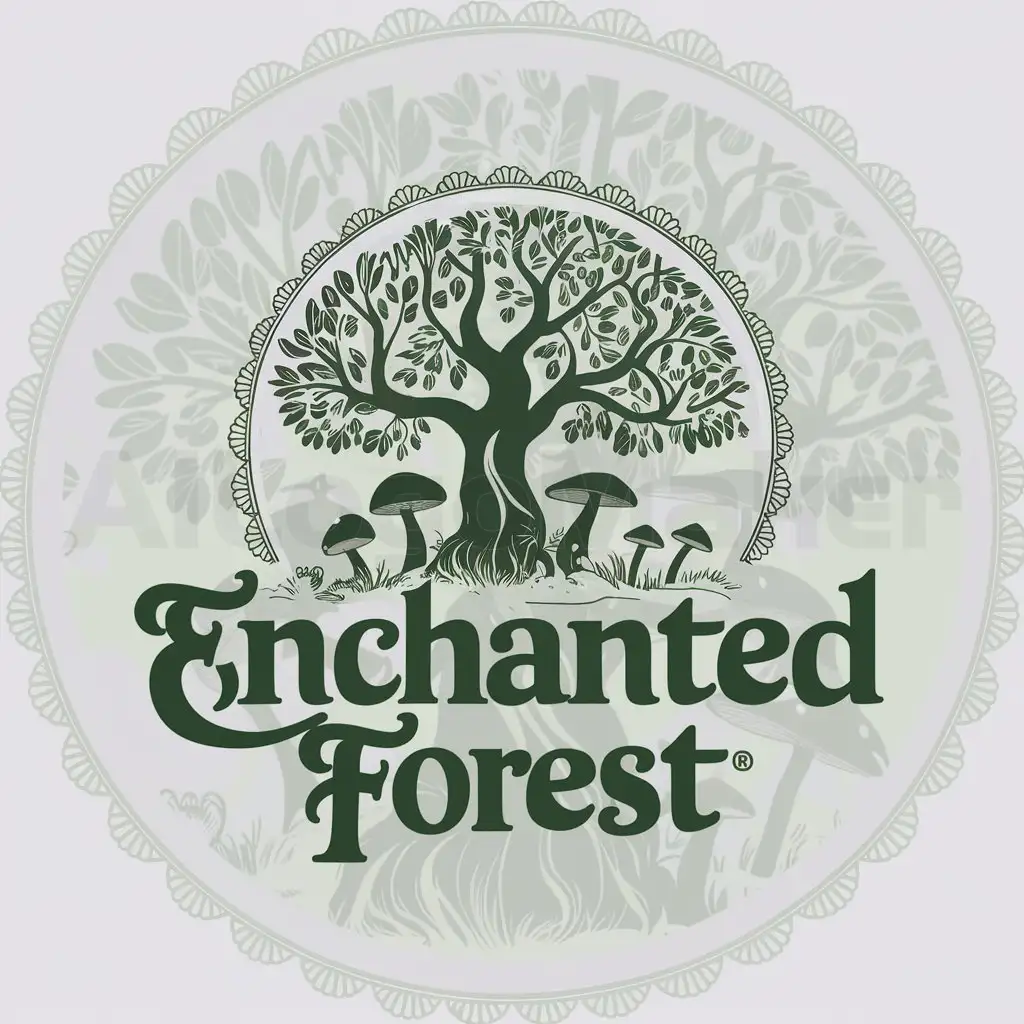 a logo design,with the text "Enchanted forest", main symbol:Big tree and mushrooms under it,Moderate,clear background