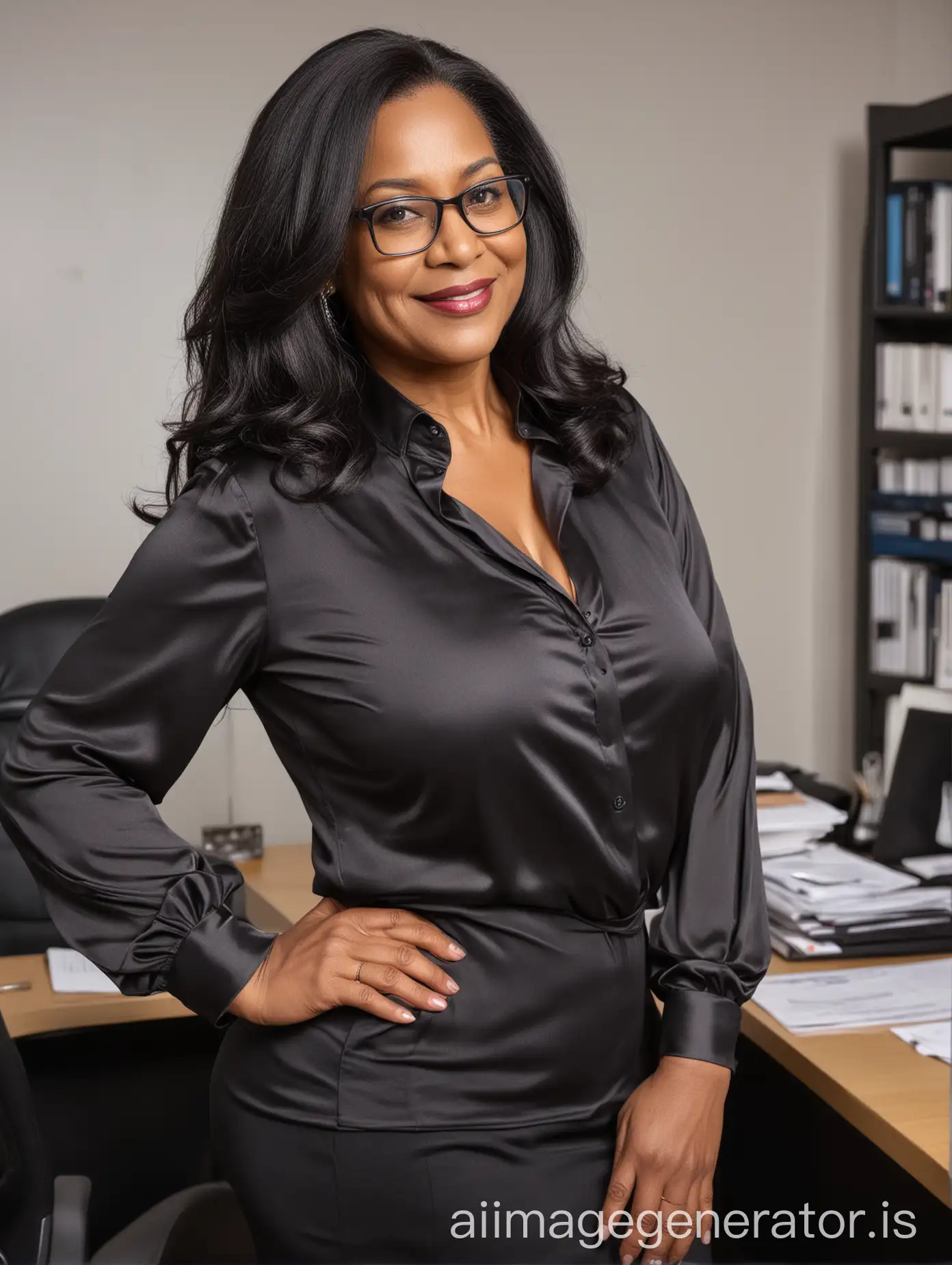 Confident Mature Businesswoman with Curves in Satin Blouse and Glasses | AI  Image Generator