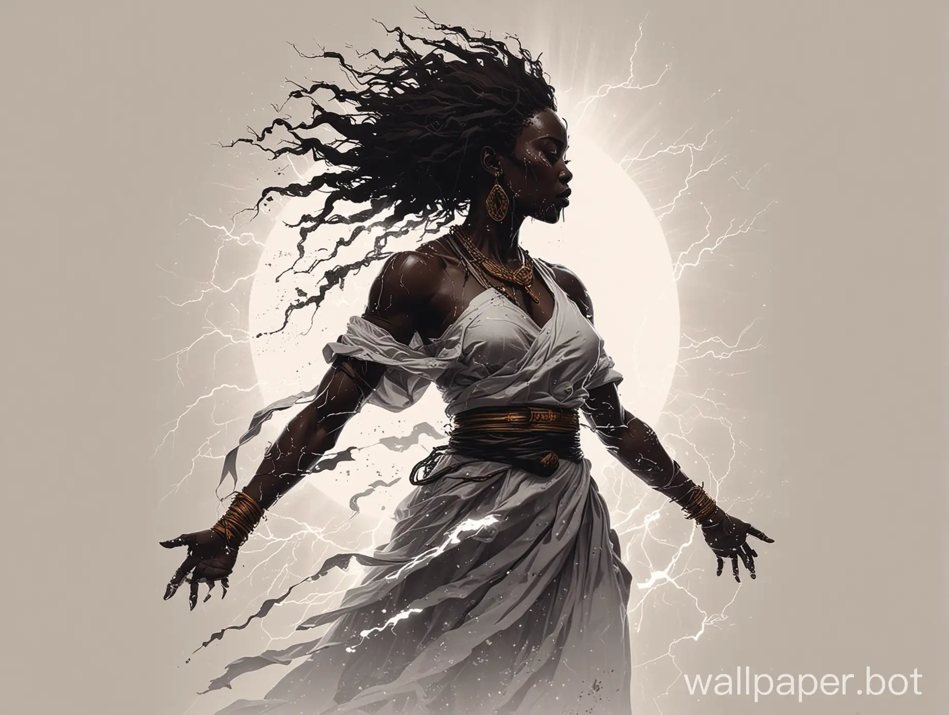 Ọya, Yàńsàn-án Orisha of winds, lightning, and violent storms, minimalist illustration, silhouette, religious african art aesthetic, hipper detailed, white background