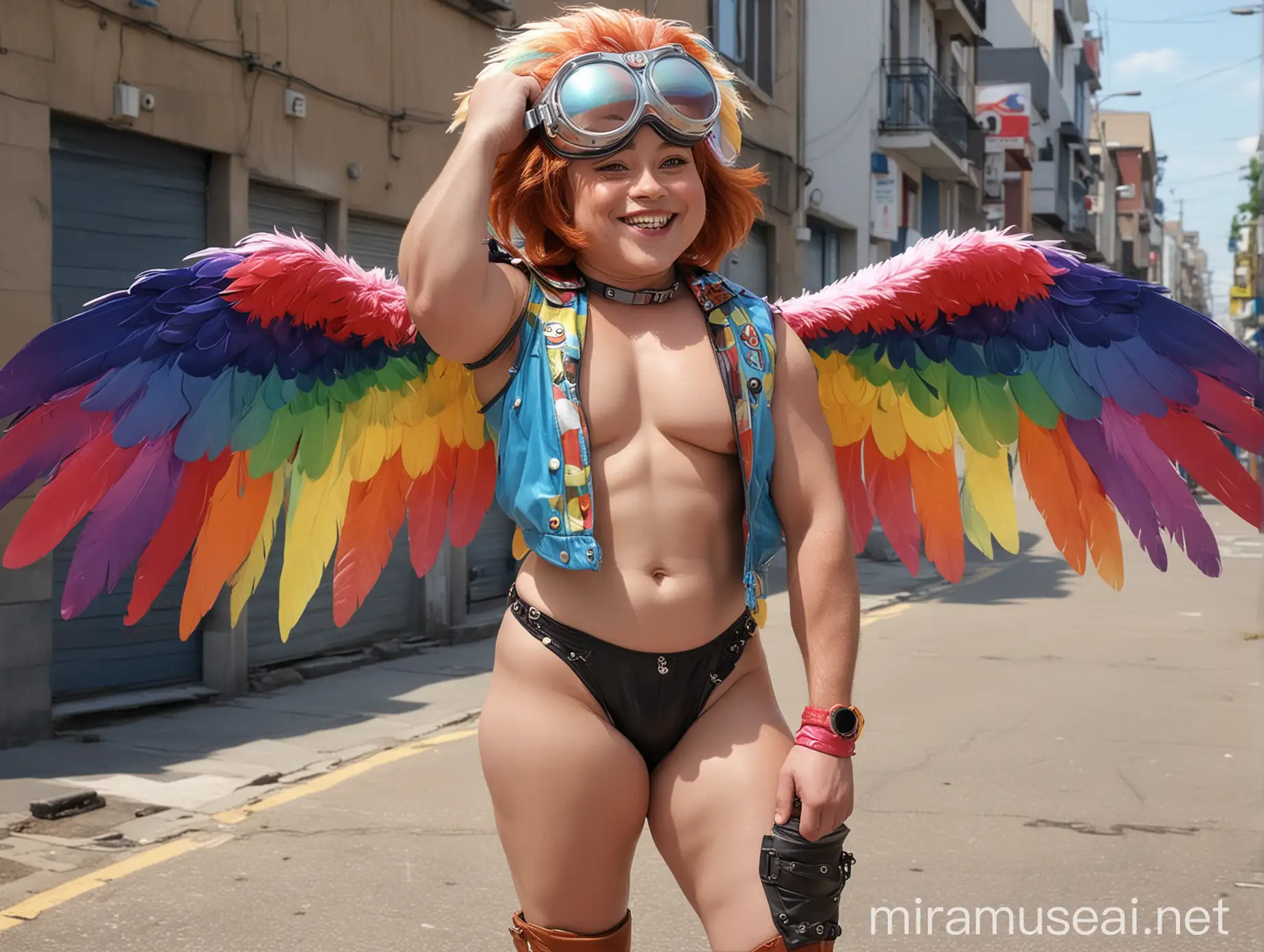 Muscular Redhead Bodybuilder Flexing with Colorful Eagle Wings Jacket