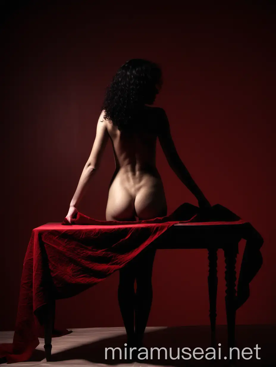 torso's silhouette of curly black hair nude young woman is placed on table. Table is covered with wrinkled scarlet fabric. Dark red backround.