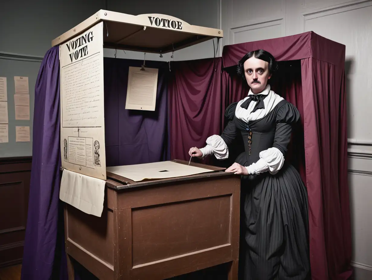 Edgar Allan Poe Disguised as a Woman Voting in 18th Century Booth