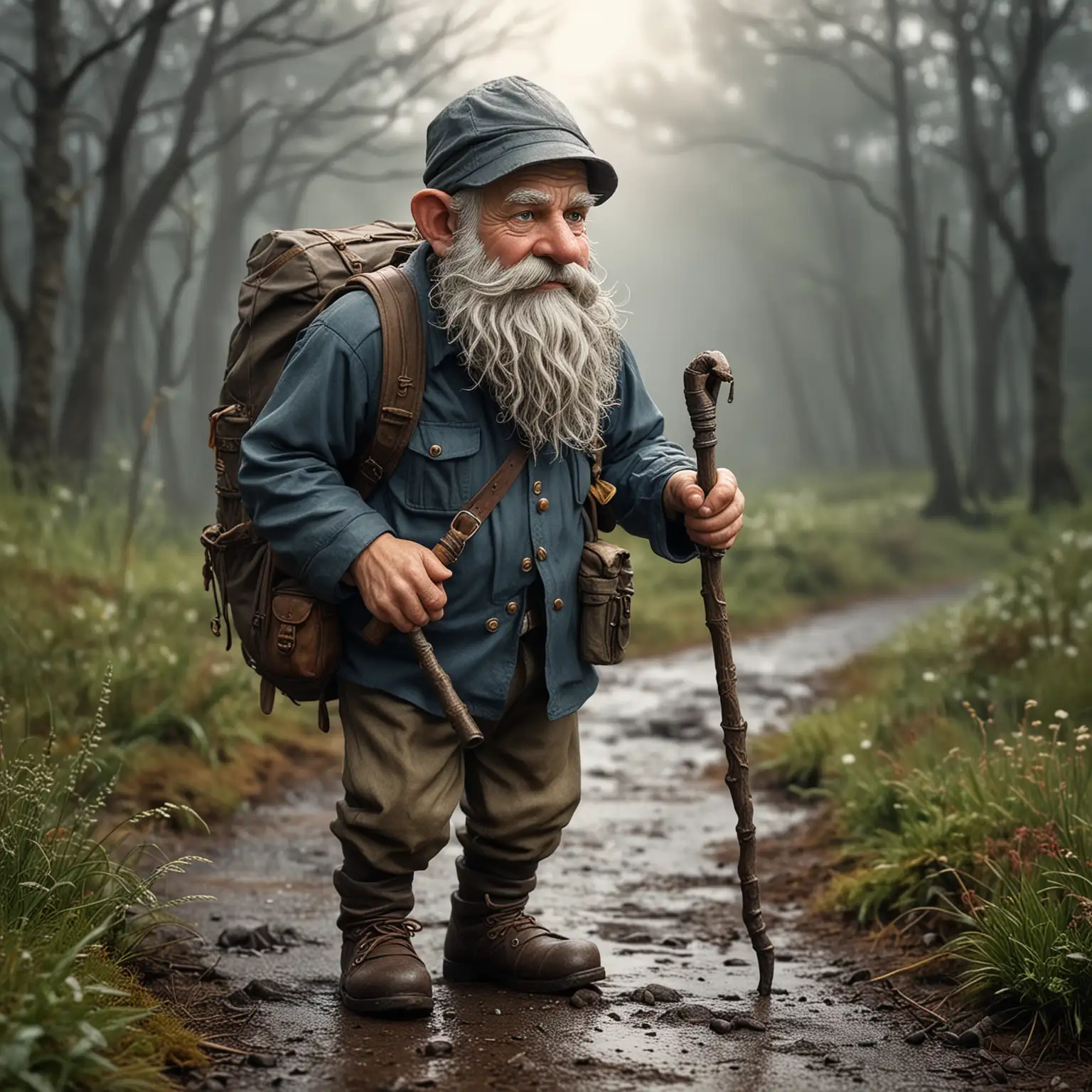 a middle-aged clean-shaven gnome tinkerer with a stubble walking with a cane with backpacking pack, limping on a dawn on a stormy day
