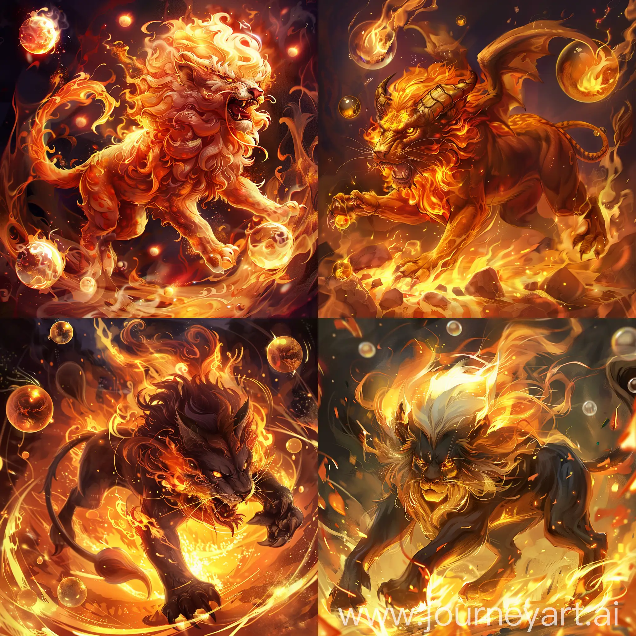 Create an image of a Chimera in a realistic cartoon style. I want it in the middle of fire with mirror spheres around
