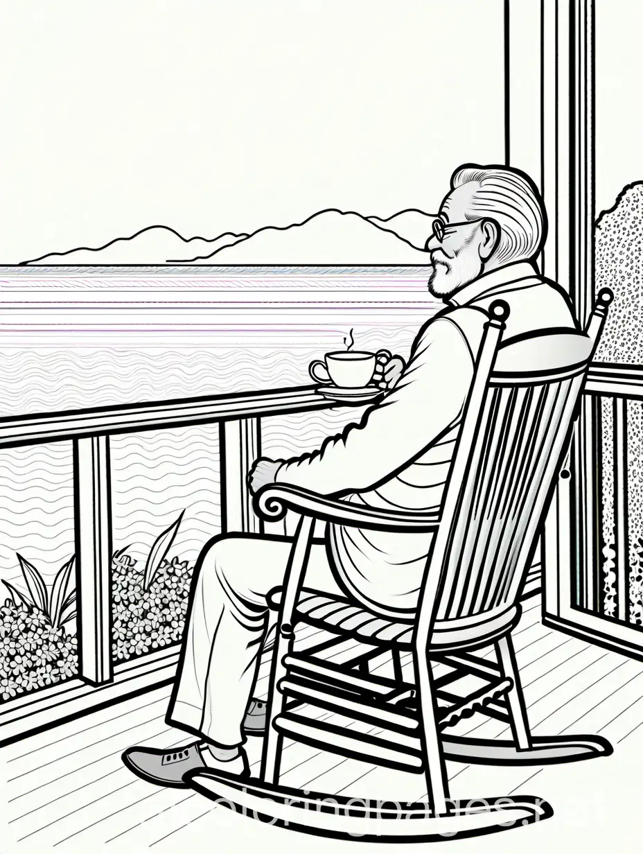 An elderly man relaxing in a white rocking chair on a porch overlooking the sea, with a cup of tea in hand., Coloring Page, black and white, line art, white background, Simplicity, Ample White Space.