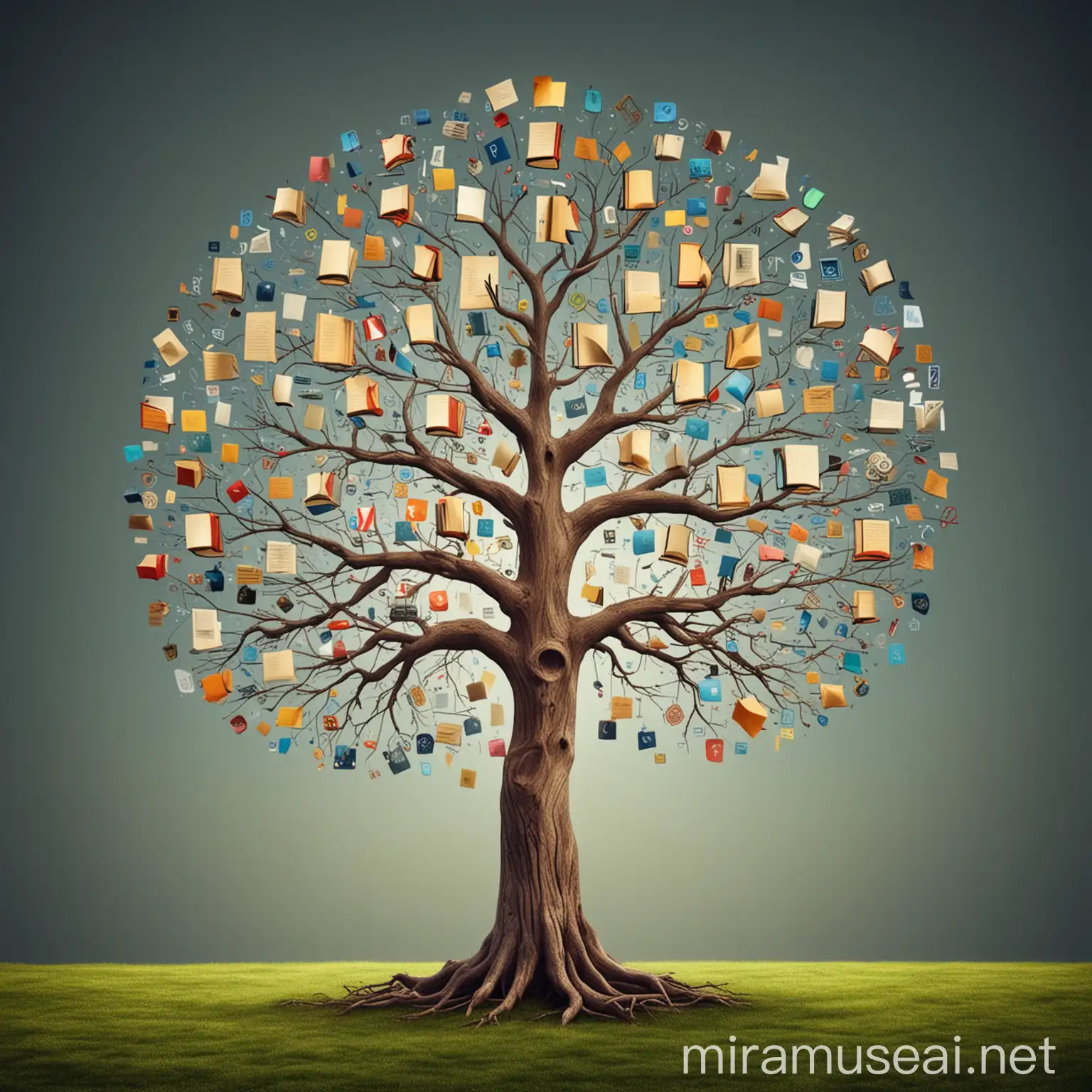 Un arbre dont les branches sont des livres ou des icônes de compétences (cognition, innovation, collaboration).