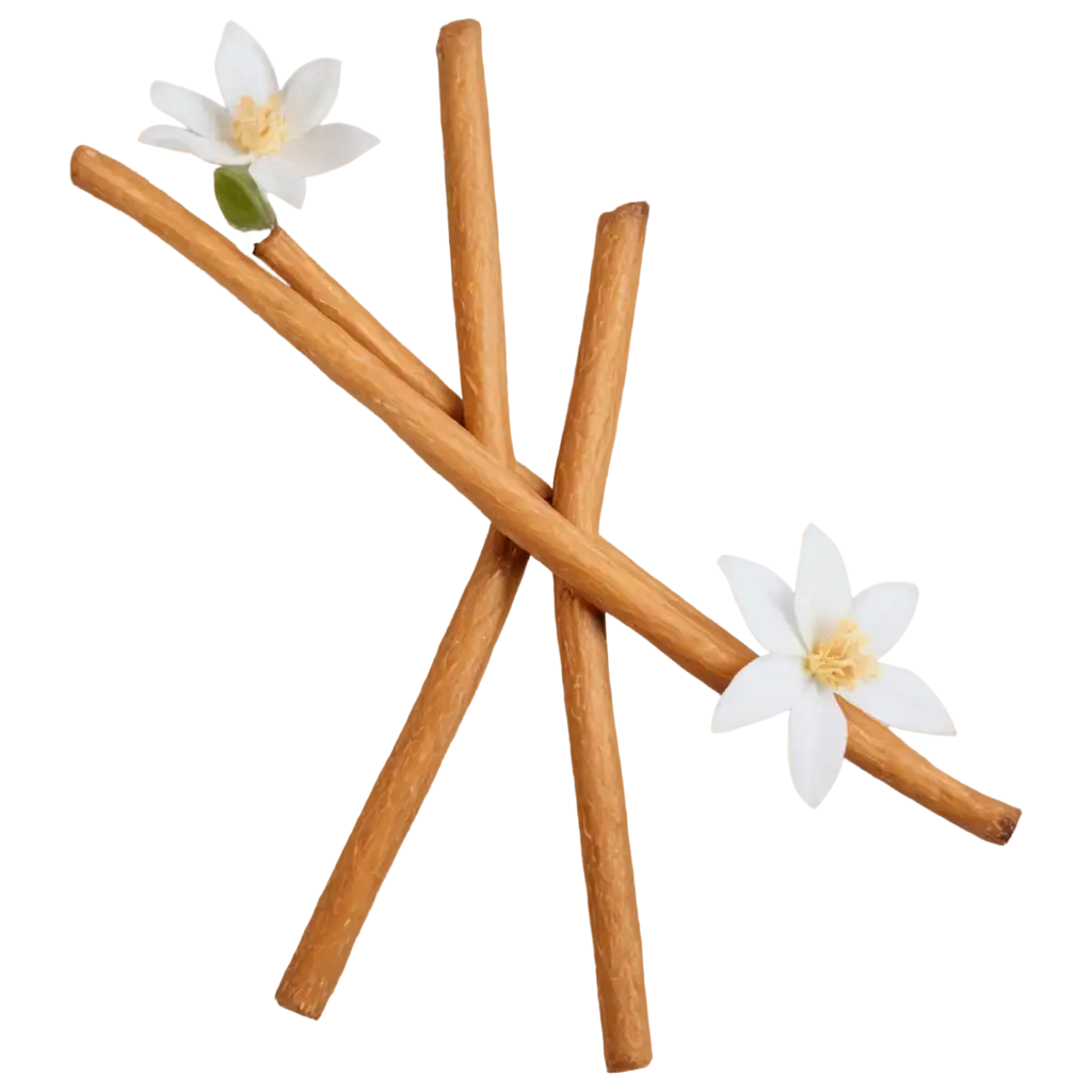 Vanilla sticks with flowers on transparent background