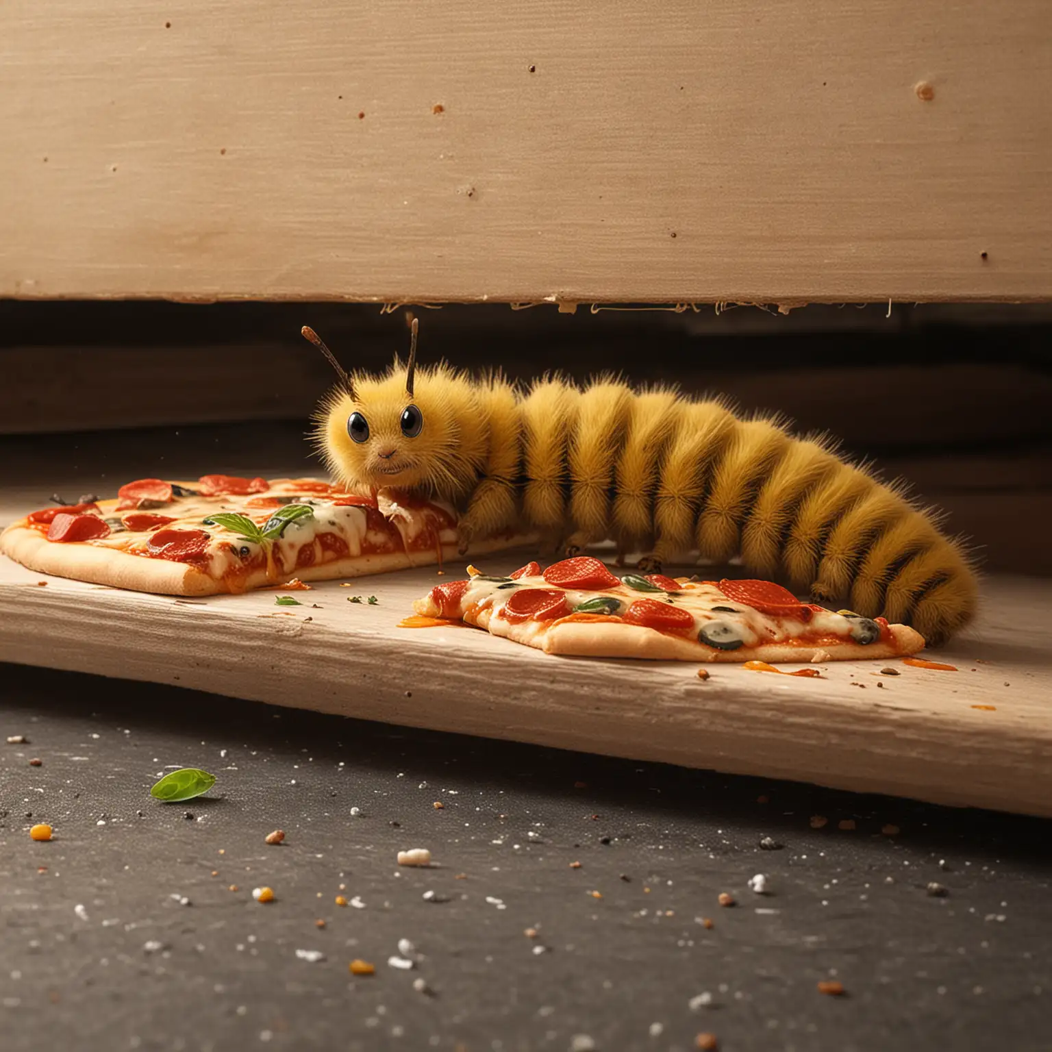 Hungry Caterpillar Enjoying Pizza in a Cozy Kitchen Garage
