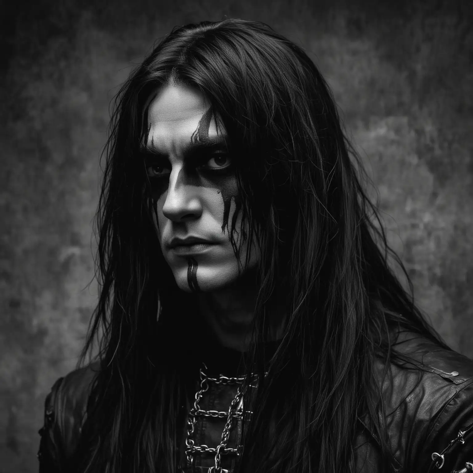 Mysterious Black Metalhead with Long Black Hair Aesthetic Monochrome Portrait