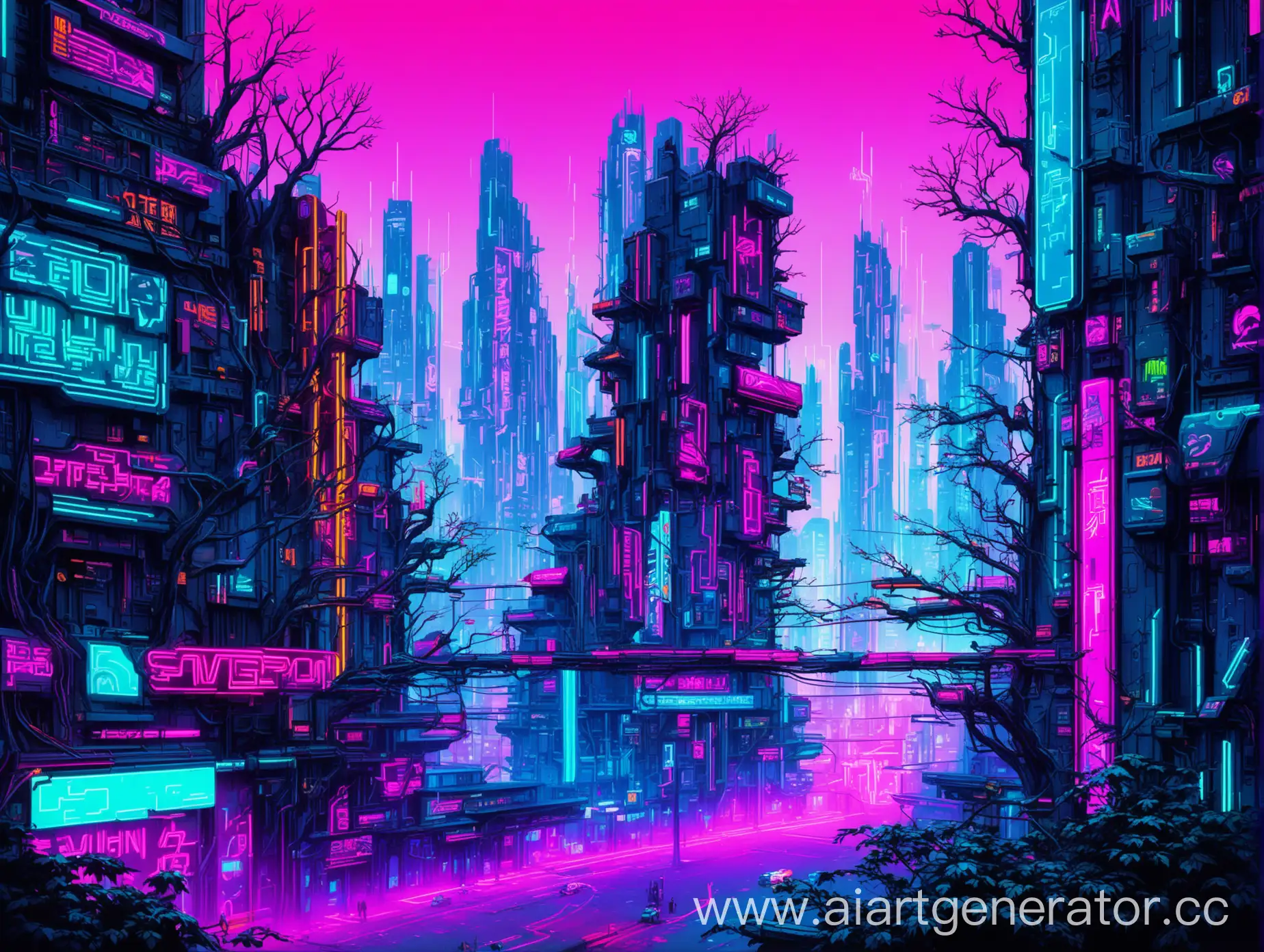 Neon-Cyberpunk-Cityscape-with-Swinging-Tree-Branch