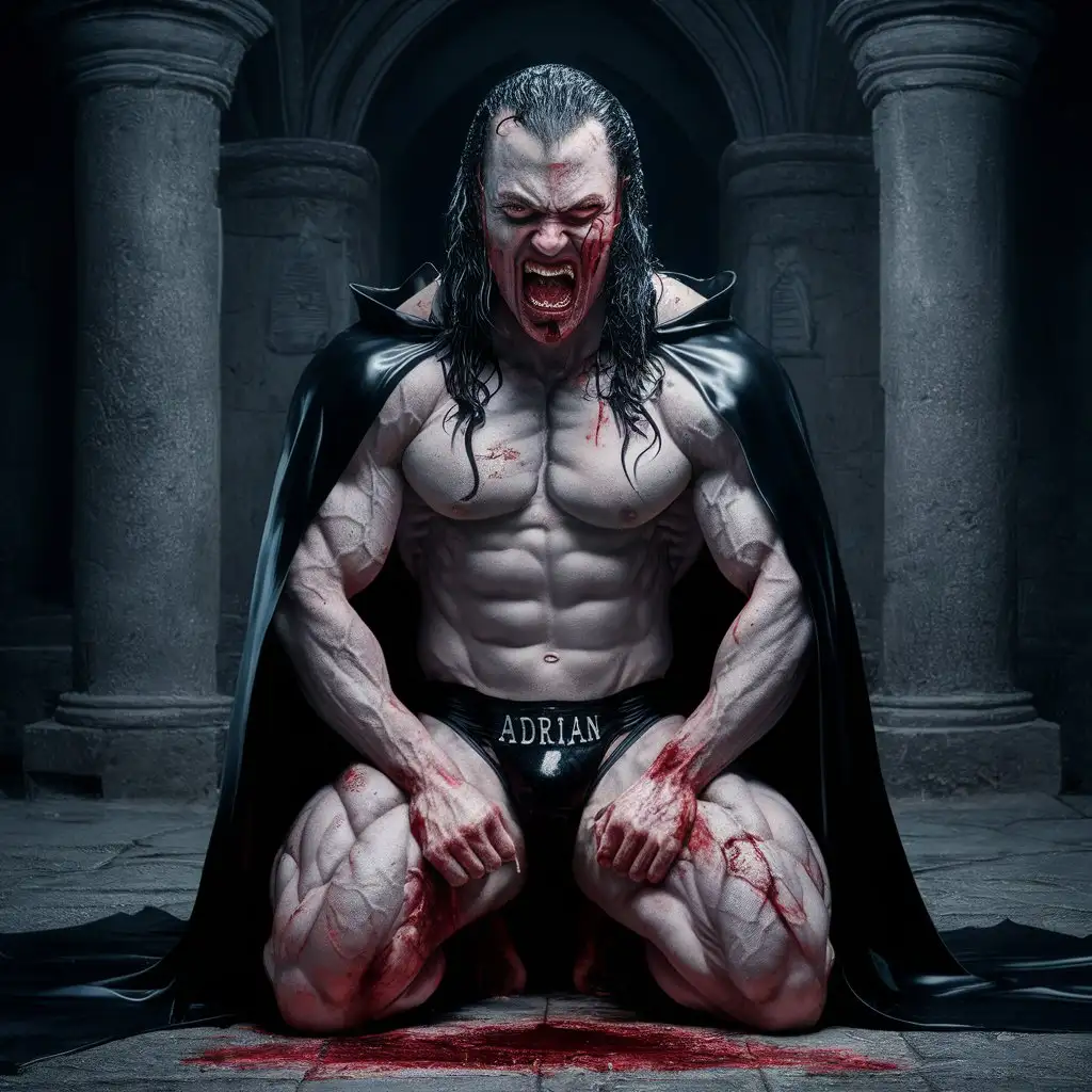 (Realistic full body, in evil castle) Adrian is the muscular bodybuilder in the world. He is a disgusting and evil king. He has pale skin. He has a sinnister and perverse face with yellow teeth. He has long, wet, black, greasy and slicked back hair and a goatee. He is wearing a black latex speedo and a black royal cape. Hes speedo has the name Adrian written on it. Hes has enormous muscles. He is screaming in rage and fury. He is sitting on hes knees in defeat. Hes face is bleeding from being beaten. He is the angriest man ever.