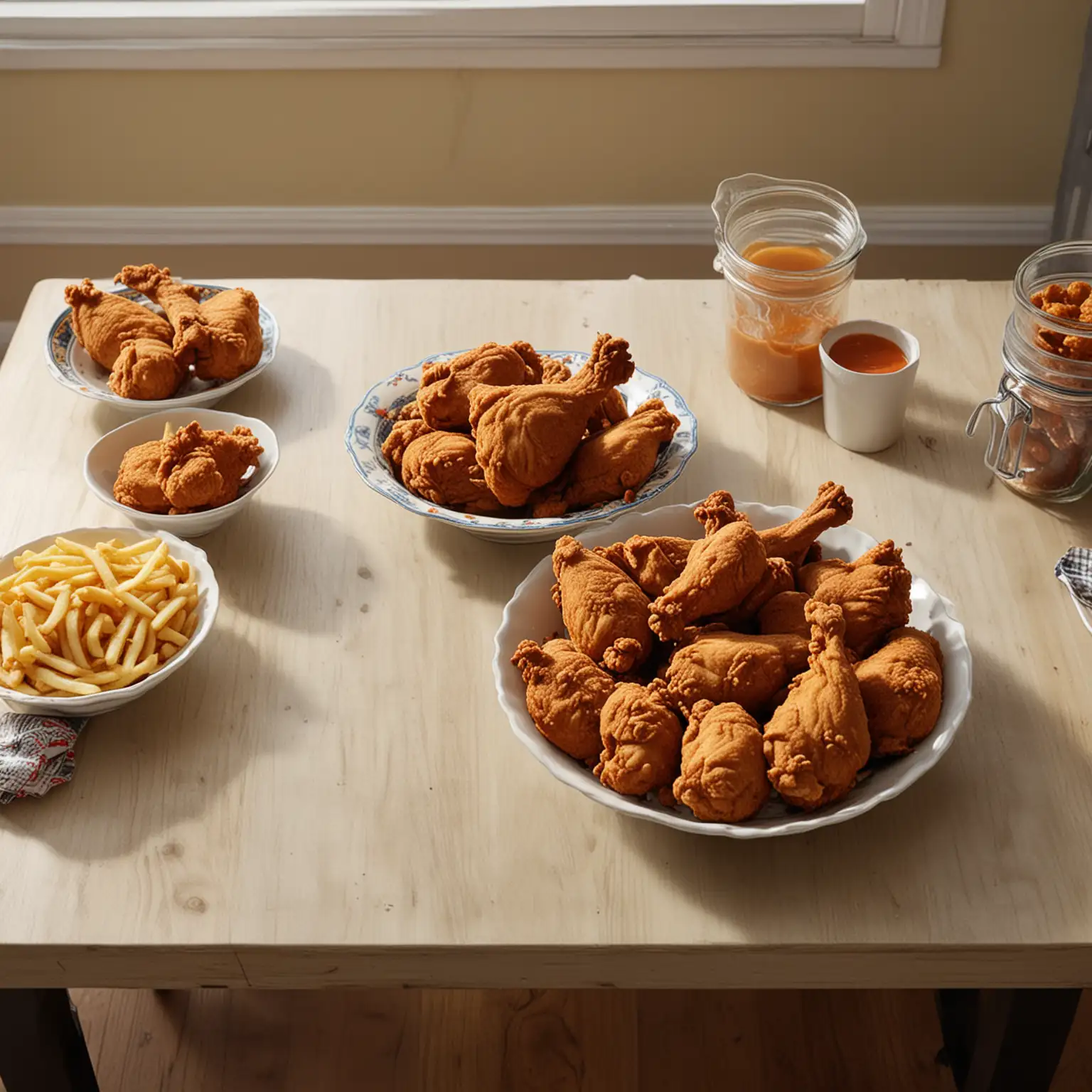generate an image of a kitchen table with a bowl of fried chicken on it