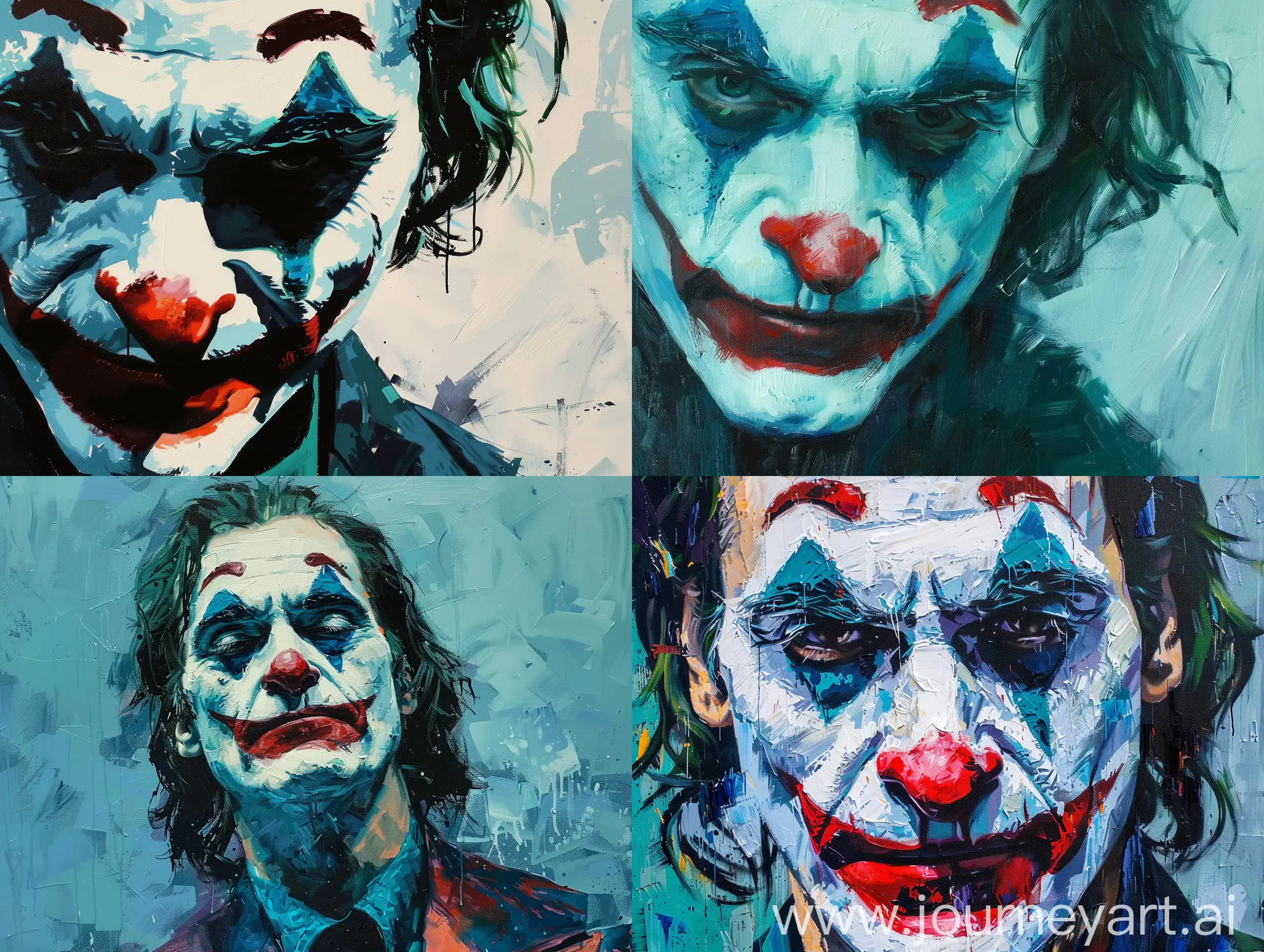 oil painting of Joaquin Phoenix as joker in star wars style with a color palette of bright blues, cyan, teal, blue grey, blacks, white, and a soft greenish-blue. There are also touches of bright skin tone --quality 3
