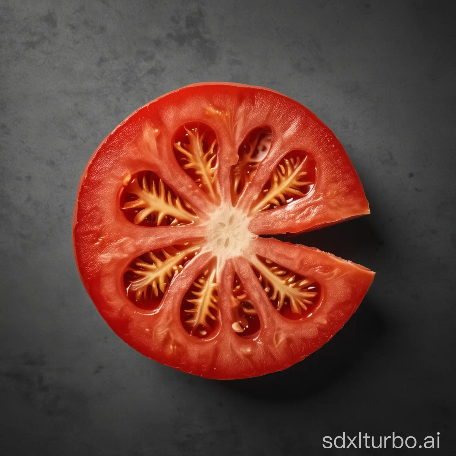photorealistic slice of tomato, product shot from above