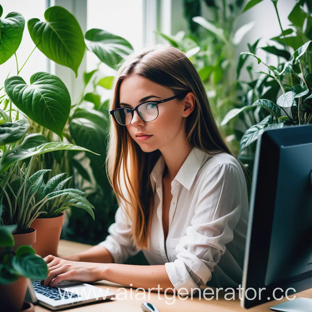 картинка для профиля описывающее услугу копирайтера. с изображением девушки за комьютером на фоне растений
женщина сексуальная без очков