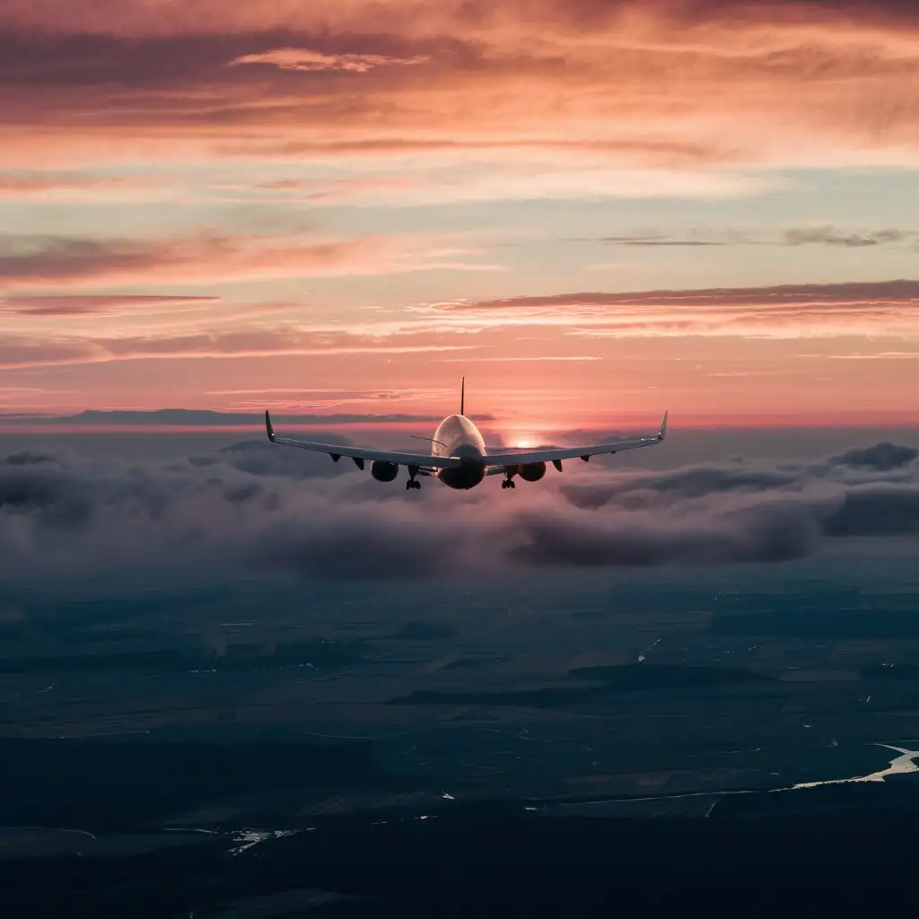Avión saliendo de entre nubes, con atardecer de fondo