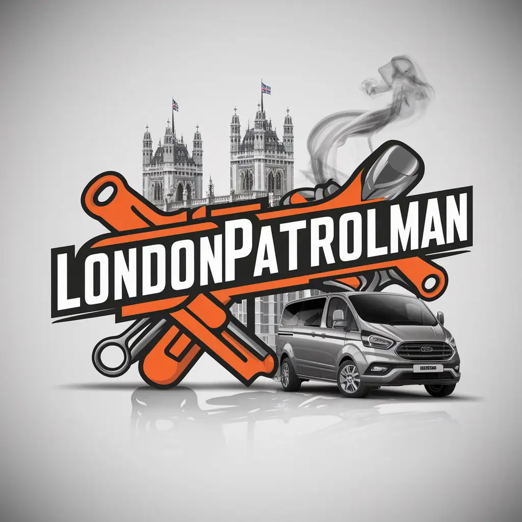 a logo design,with the text "Londonpatrolman", main symbol:Breakdown orange London car mechanic tools Houses of Parliament smoke Ford van,Moderate,be used in Automotive industry,clear background