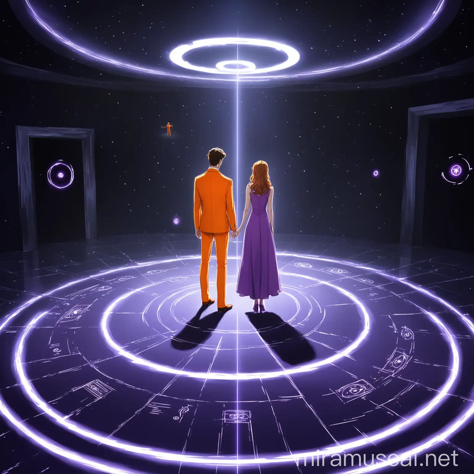 There is a handsome man in his 20s in an orange suit and a beautiful woman in his 20s in a purple dress.nThey stand where a circle is drawn on the floor. White light is emitted from the ceiling.nThe atmosphere in the background is a place to teleport.n