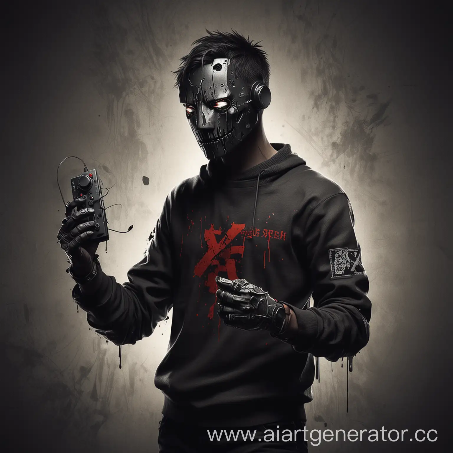 Mysterious-Gamer-in-Dark-Mask-with-Glowing-Details-and-Bloody-Background