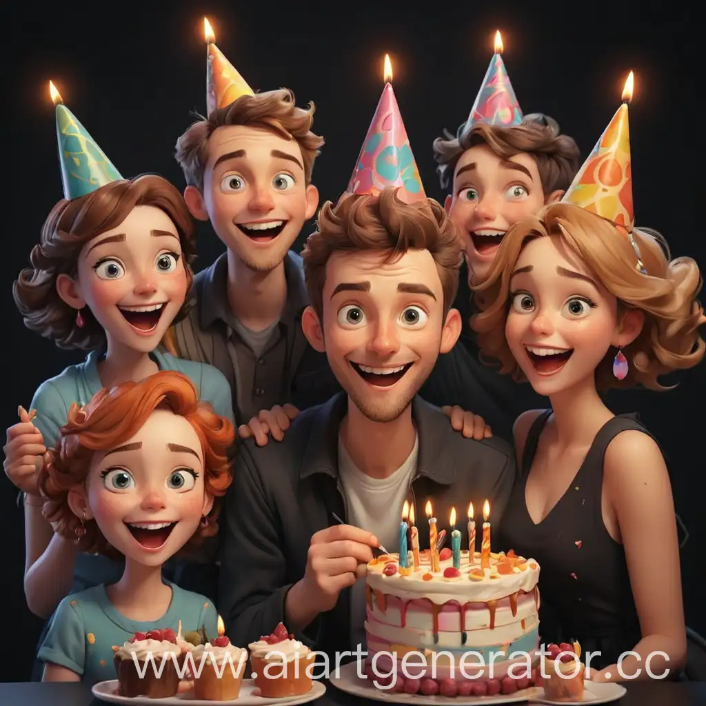 Cartoon-Birthday-Celebration-with-Bright-People-and-Cake-on-Black-Background