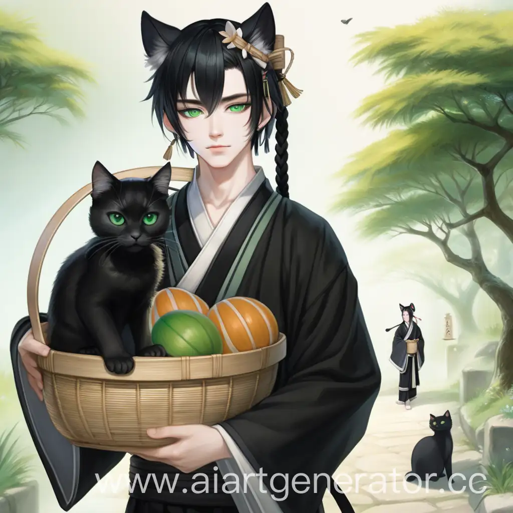 Юноша с чёрными волосами, собранными в косу, зелёными глазами, бледной кожей и кошачьими ушами, одетый в иссиня-чёрное ханьфу, на голове которого соломенная доули, держит в руках корзину с чёрным котом.