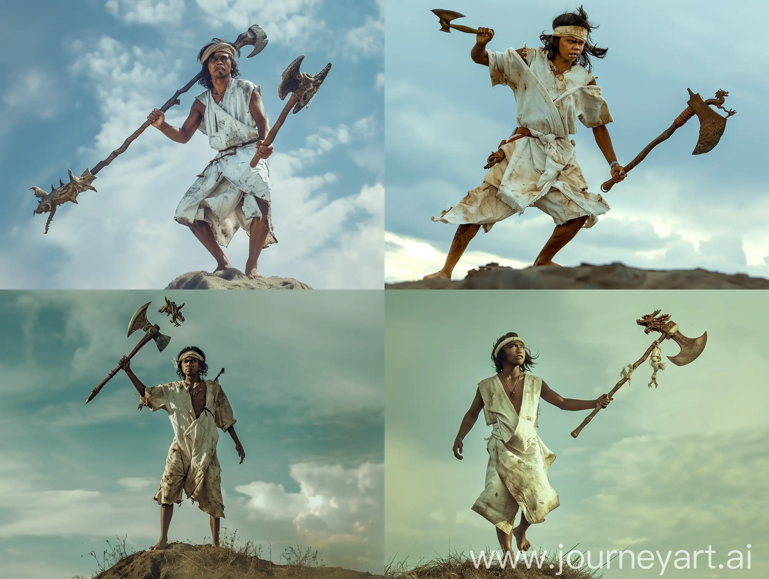 Indonesian-Warrior-Leaping-with-Dragon-Axe-atop-Hill-in-Cinematic-HDR-Scene