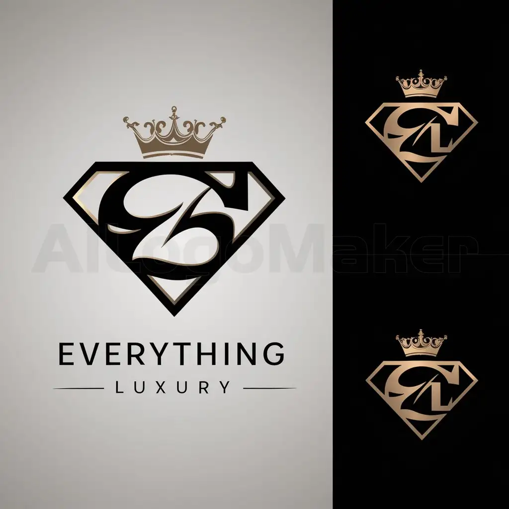 a logo design,with the text "Everything Luxury", main symbol:Initial letters EL inside A super man diamond shape with crown decoration on top. Diamond shape initial letter with crown decoration isolated on black background,Moderate,be used in Internet industry,clear background