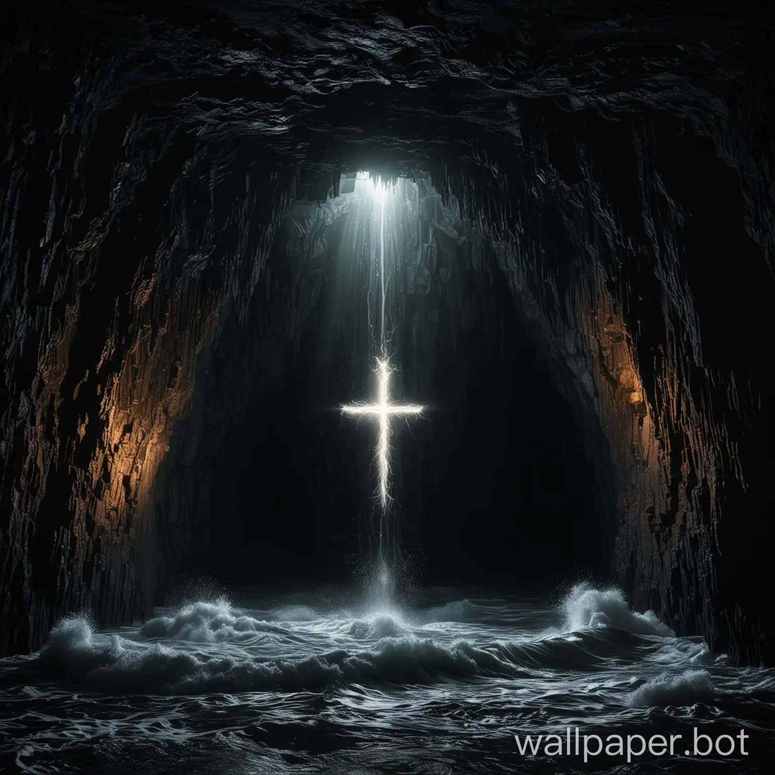 A dark  cave with the echo of waves flowing in it and a glowing cross in the center