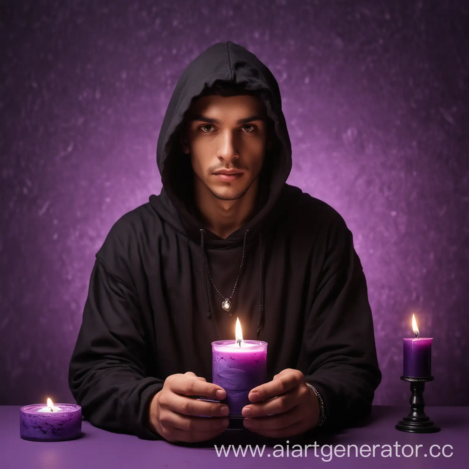 Young-Man-Fortune-Teller-in-Black-Hoodie-Surrounded-by-Purple-Candles