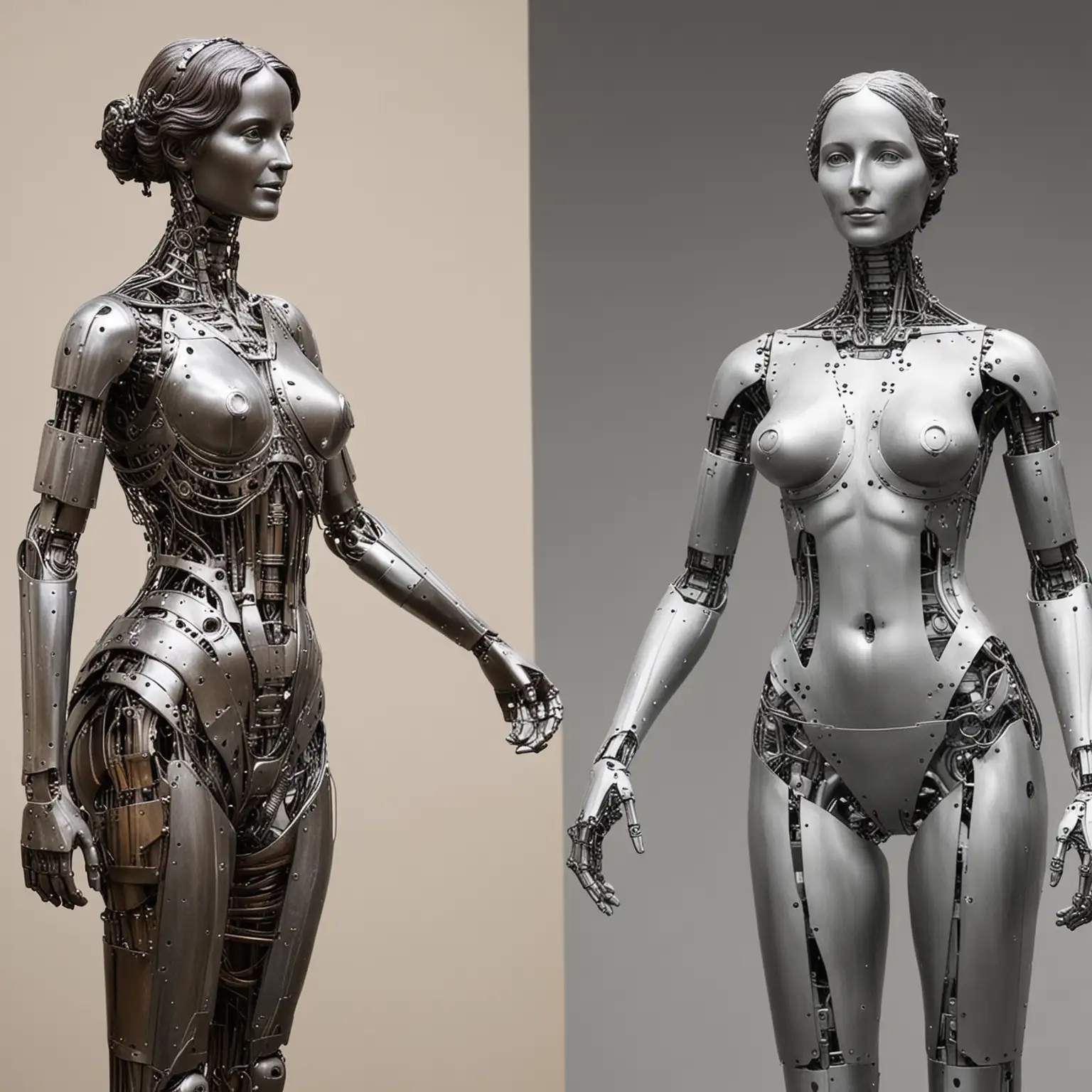 a metal sculpture of Ada Lovelace as left half naked woman, right half robot, 