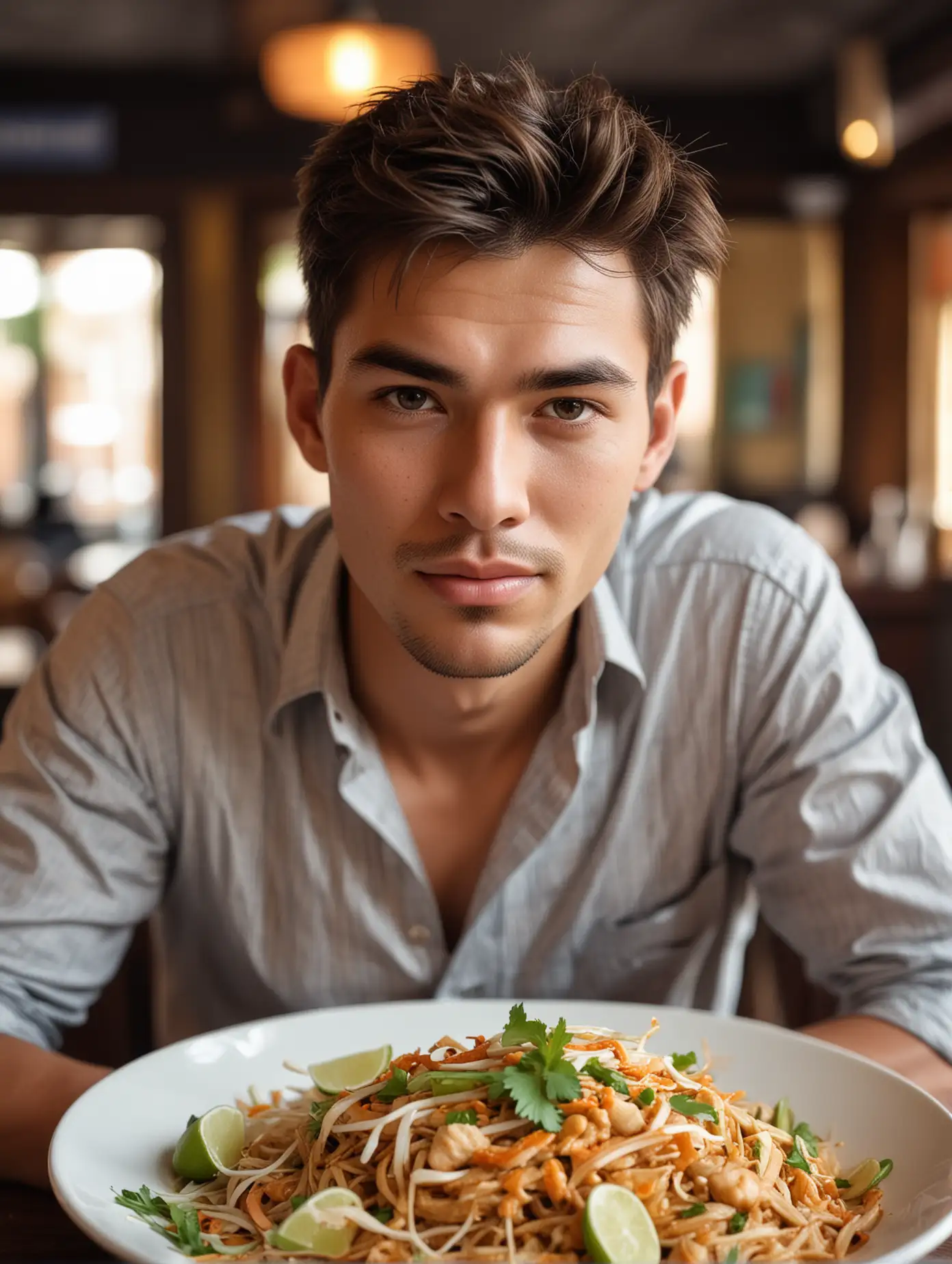 A handsome guy with a Western face, in a restaurant, with Pad Thai on the table, facing the camera, exquisite facial features, professional photography skills