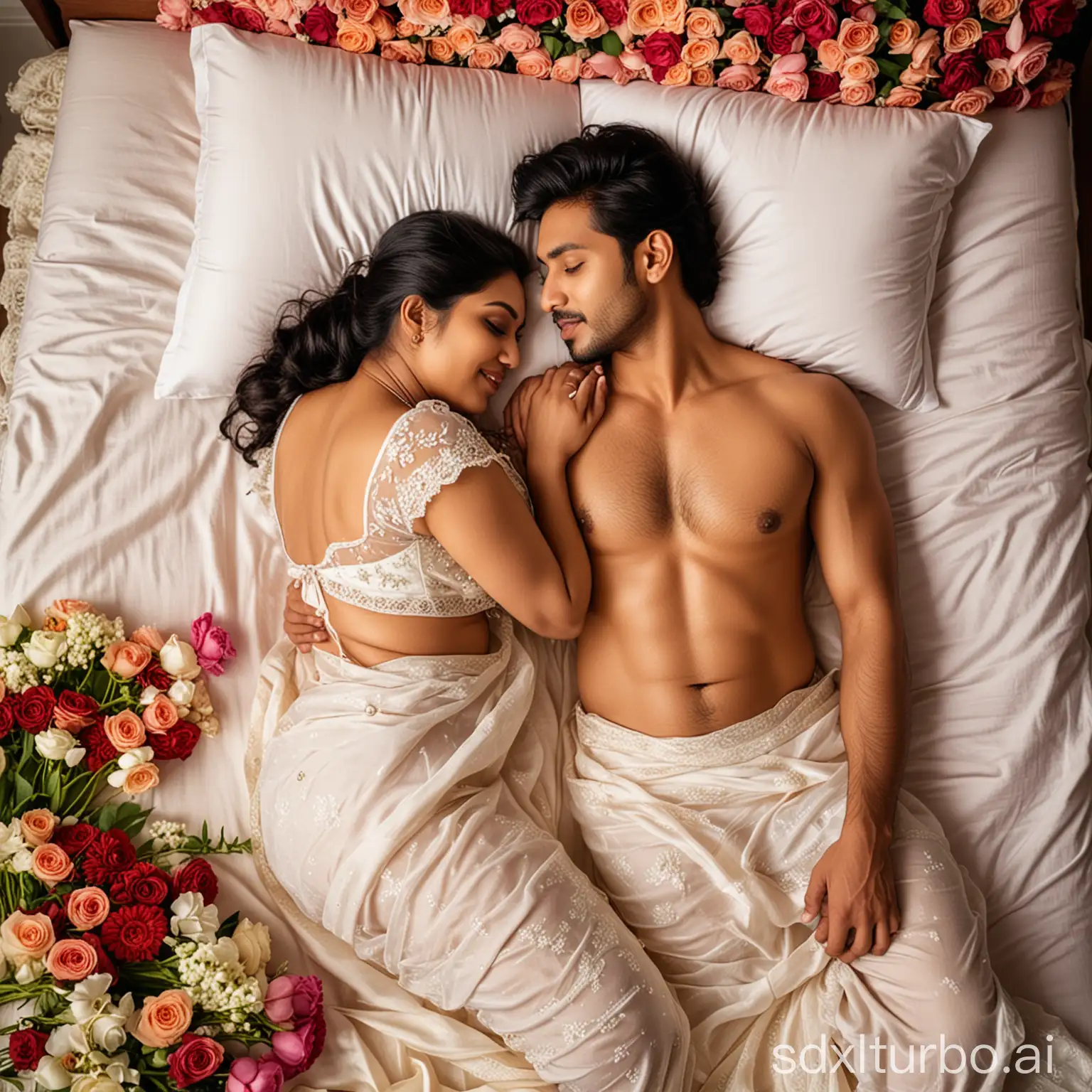 A young, attractive, romantic newlywed Indian Telugu couple is cuddling on the bed at night. The woman is thick, voluptuous, curvy, and very beautiful with fair skin, wearing a sheer chemise, lying next to a handsome man. After-sex look, top view, with flowers on the bed.
