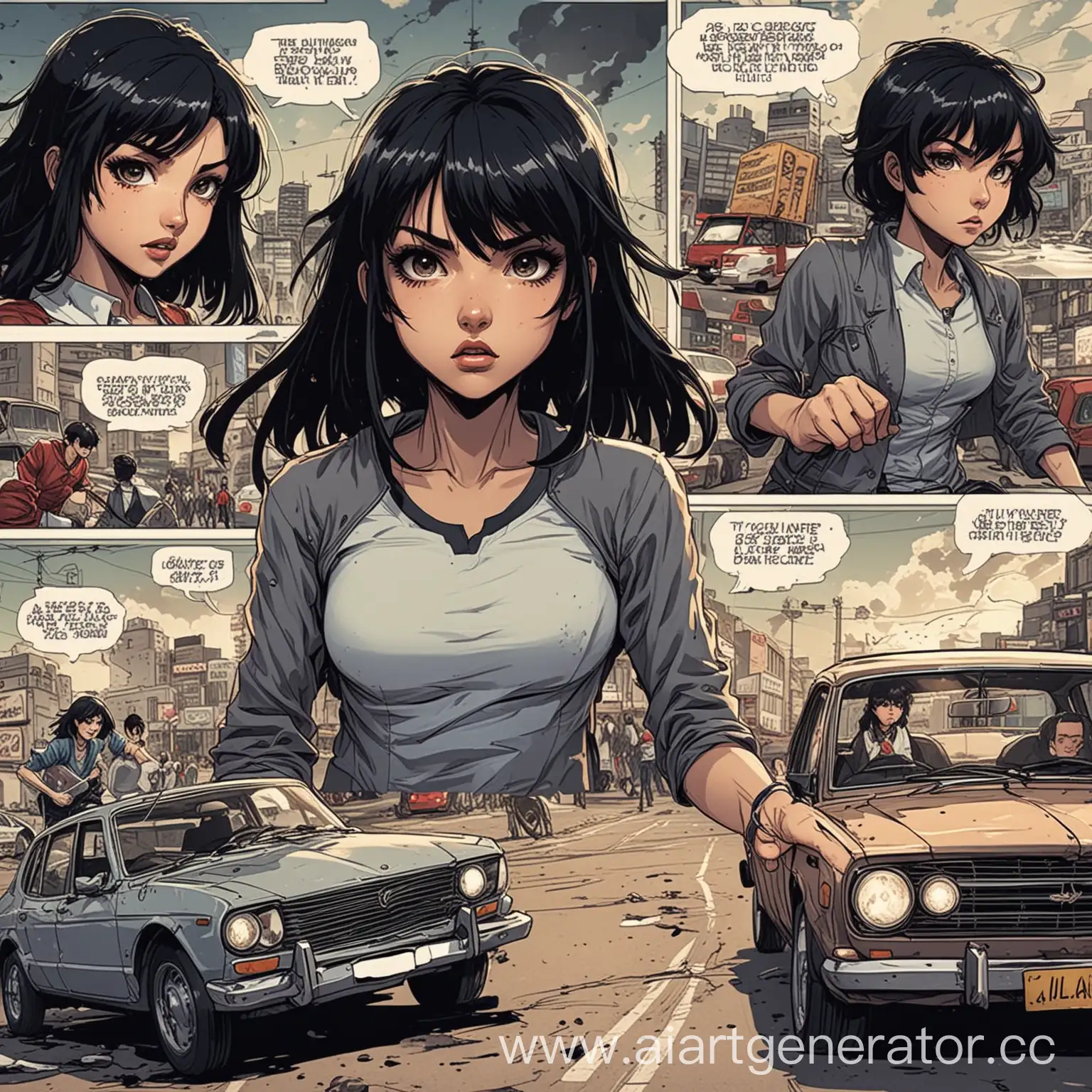 Anime-Comic-Page-Featuring-BlackHaired-Girl-Fighting-Villains-with-a-Car