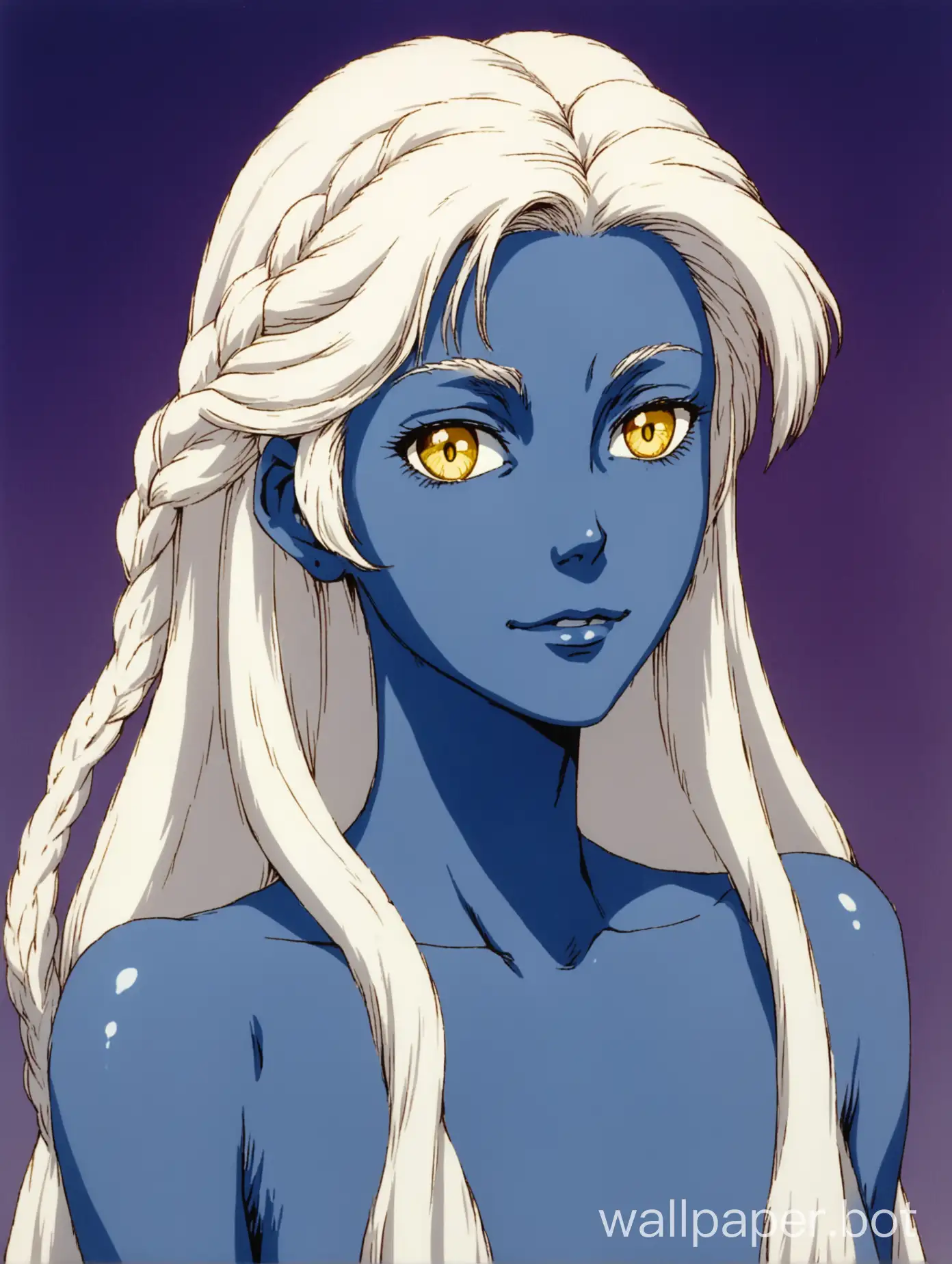 1980s retro anime, portrait of an attractive young woman standing regally, she has deep blue skin, her skin is completely blue, indigo blush, yellow eyes, she has messy loosely-braided white hair, mature face, kind expression, slight smile, sharp thin face, posing nude, slender and elegant, white pubic hair, affectionate and pretty