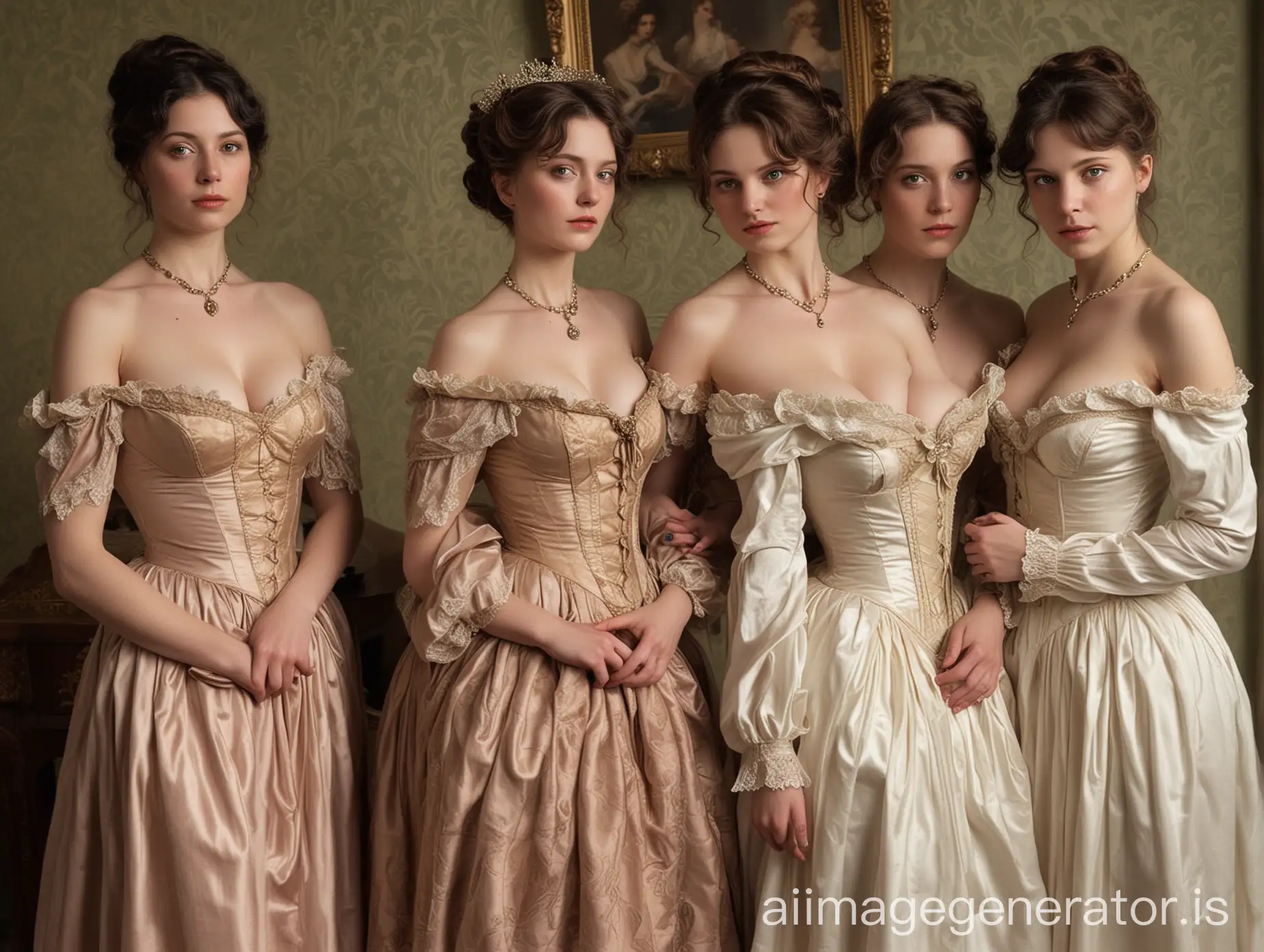 Elegant Victorian Noblewoman Group in Revealing Gowns with Tempting  Necklines | AI Image Generator