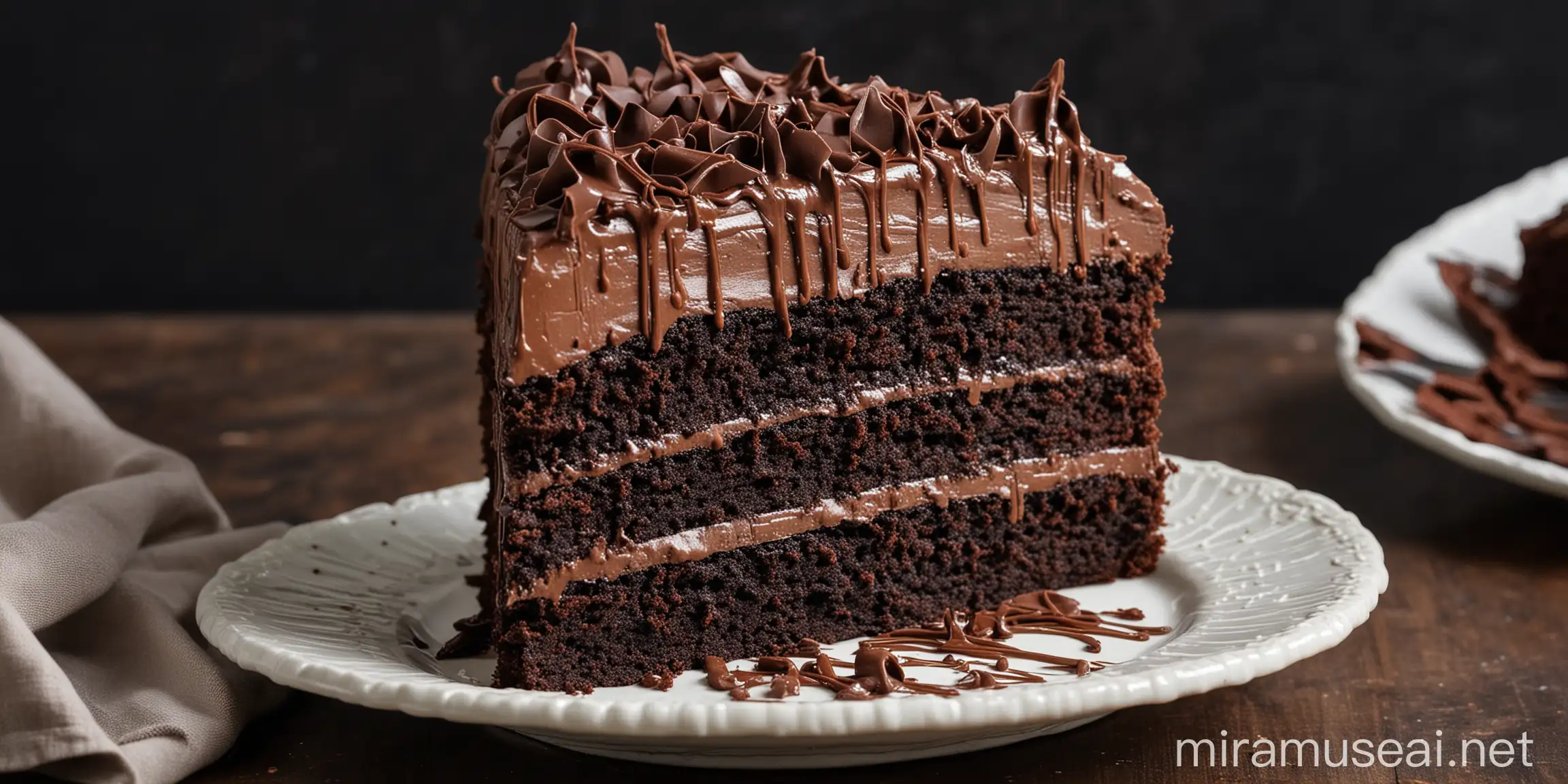 A decadent slice of chocolate cake, with rich layers of moist cake, creamy frosting, and a drizzle of chocolate ganache on top. The cake is so large, it barely fits on the plate, and the chocolatey aroma is irresistible.