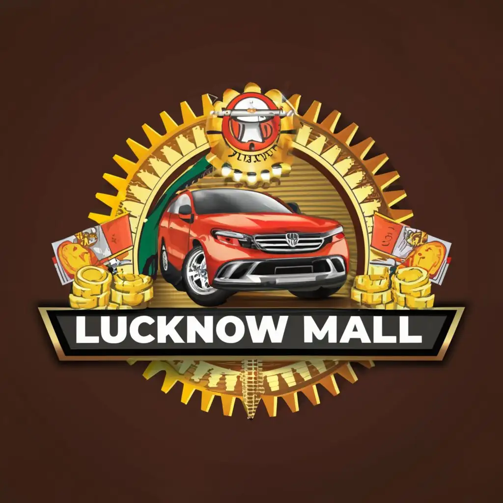 a logo design,with the text "LUCKNOW MALL", main symbol:CAR, IPHONE 15, GOLD,COINS, MONEY, INDIAN FLAG, RED , BLACK,complex,clear background