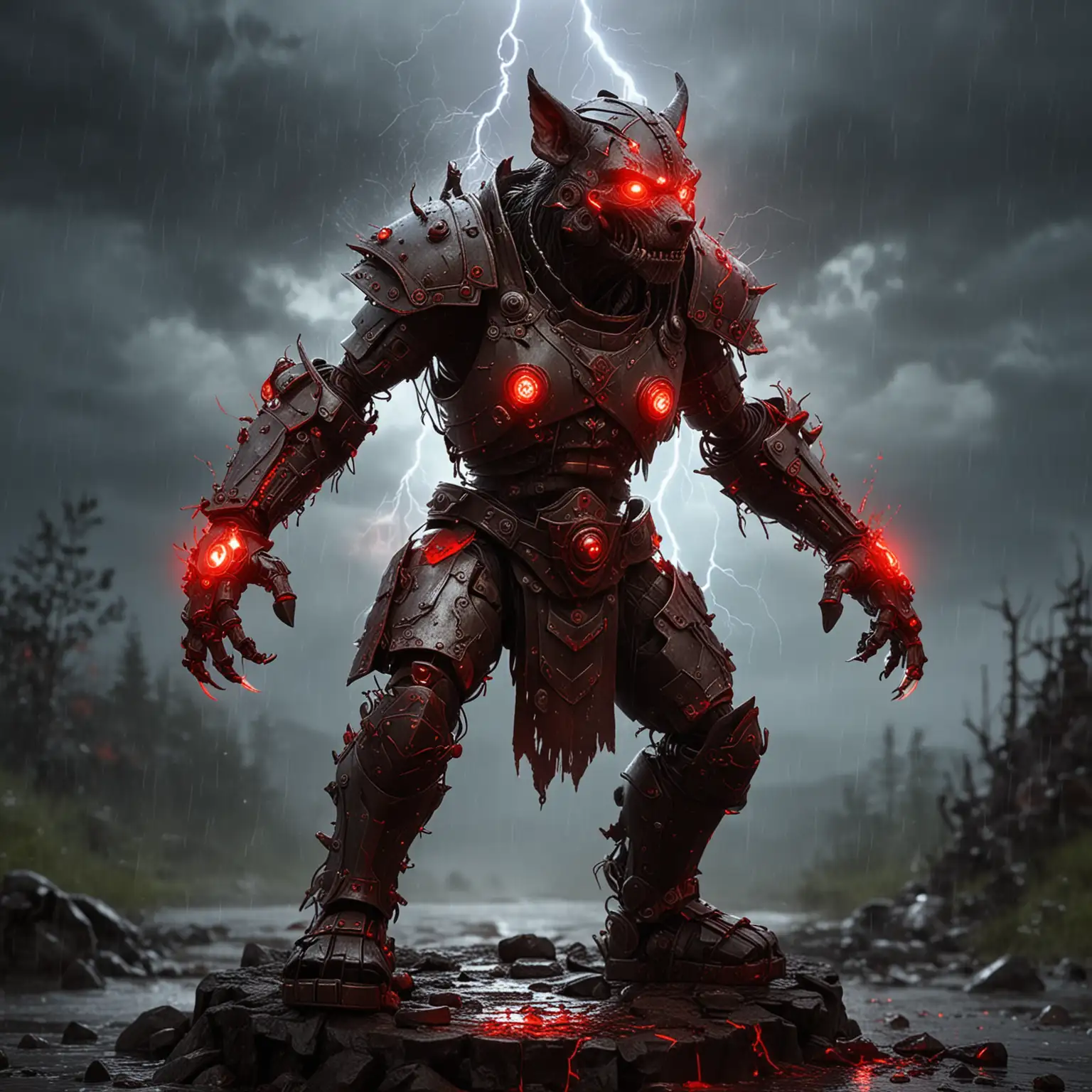 a robot werewolf-gnome cyborg, wearing ancient plate armor painted with glowing crimson red runes, powered and fueled by rivulets of blood magic, with gauntlets that crackle with lightning bolt energy.

He is silhouetted by the morning dawn on a stormy day