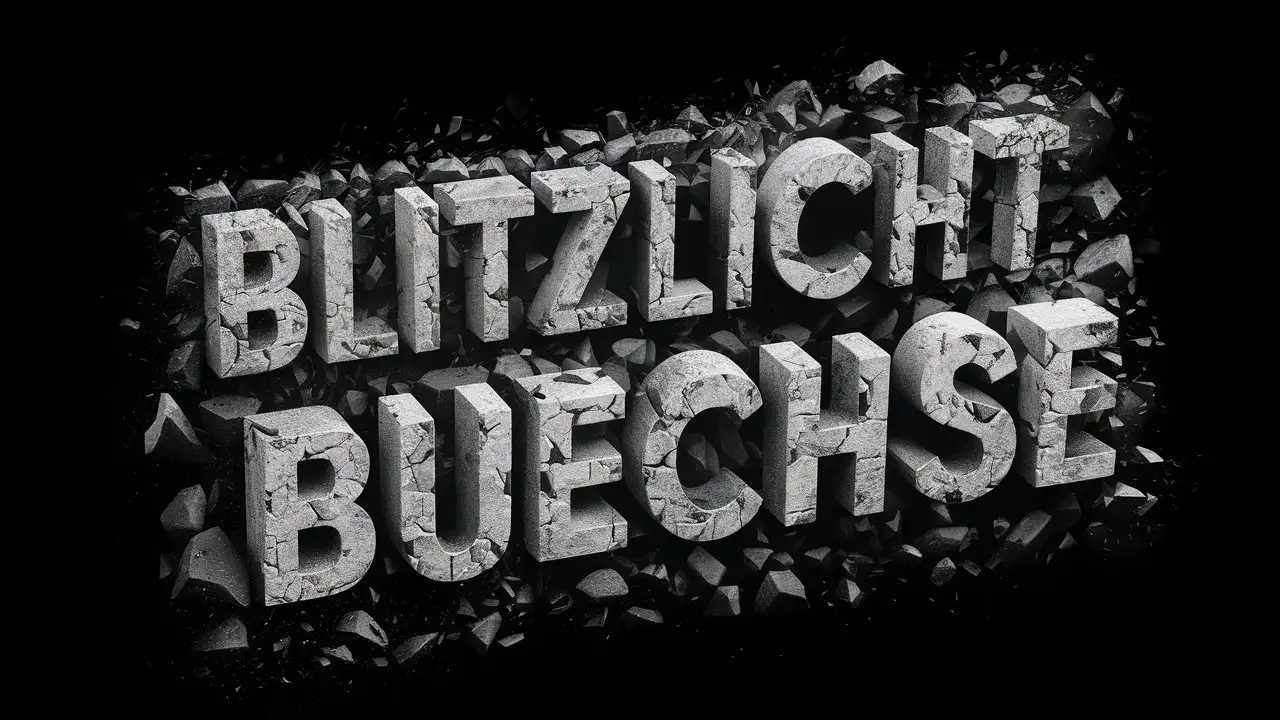 Erstelle einen fliegenden 3D Text auf einem schwarzen Hintergund mit dem Wort BLITZLICHTBUECHSE. Die Schrift soll aussehen als wäre sie aus zersprengten Gestein
