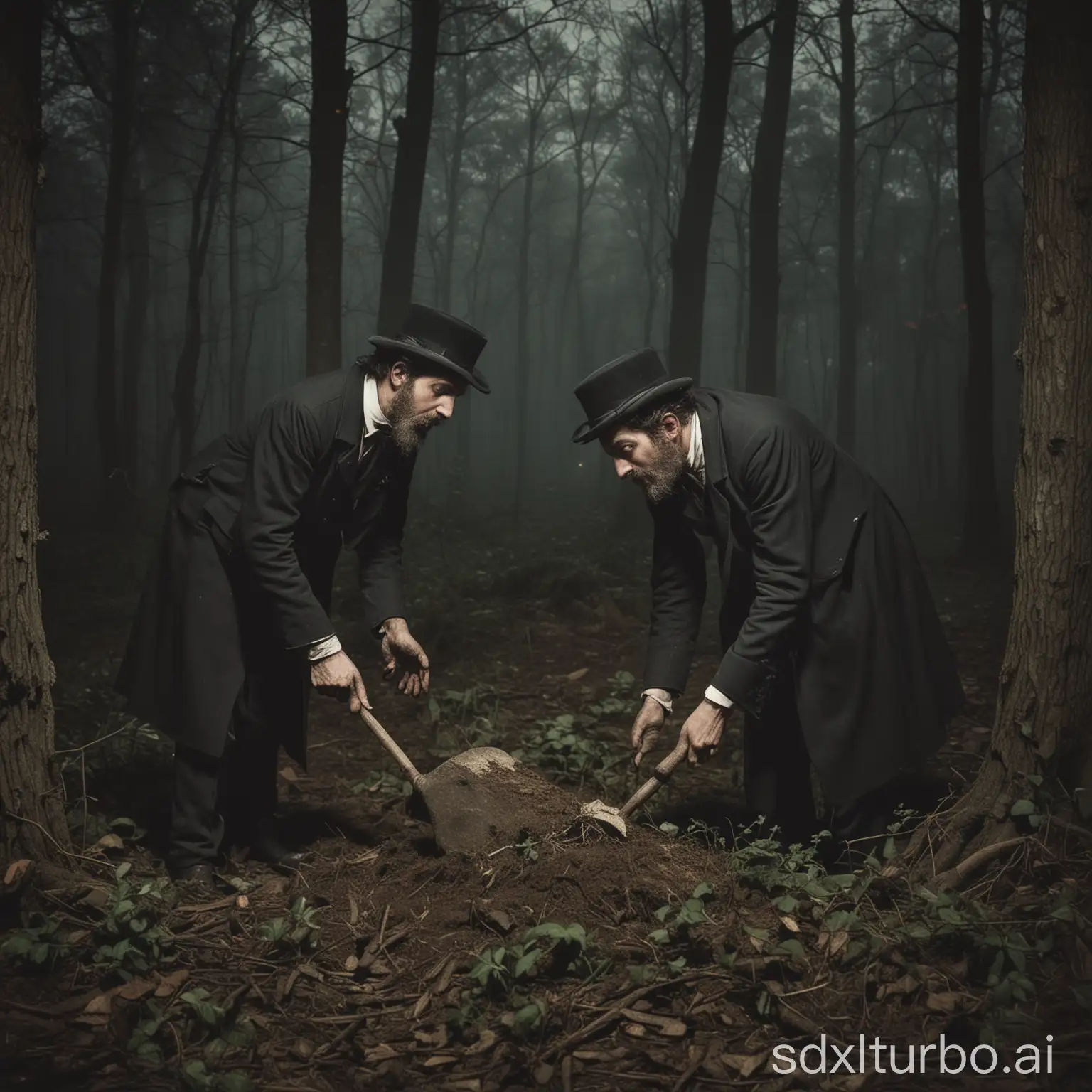Two Victorian men burying something in a forest at night.