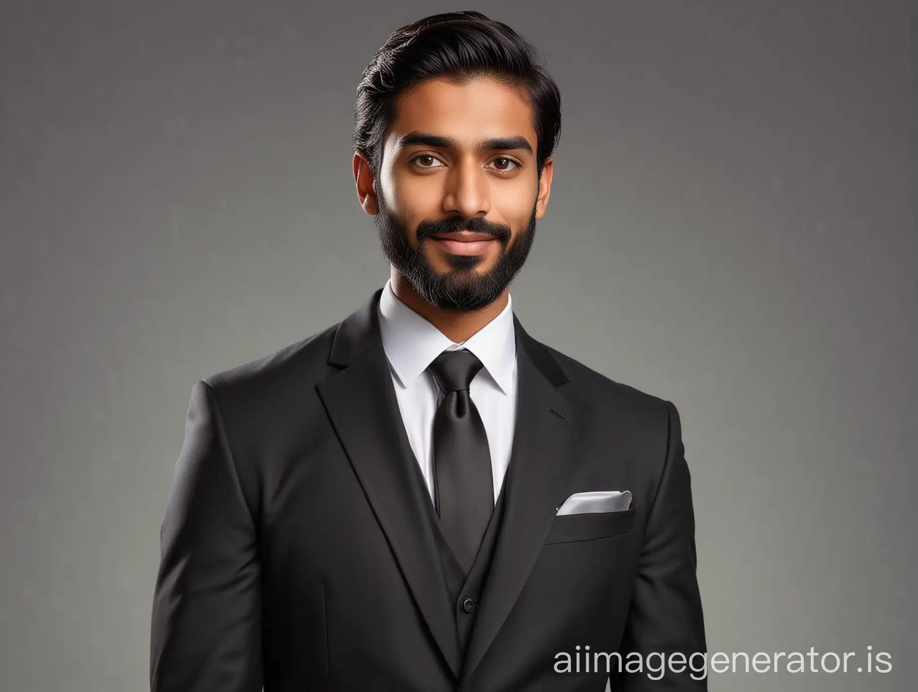 Hyper-realistic LinkedIn portrait of an Indian male in a well-fitted tuxedo, without a tie. The subject is looking directly at the camera against a plain background. He has medium-length hair, light eyebrows, small eyes, a well-groomed beard, black hair, medium-sized ears, and a brownish skin tone.