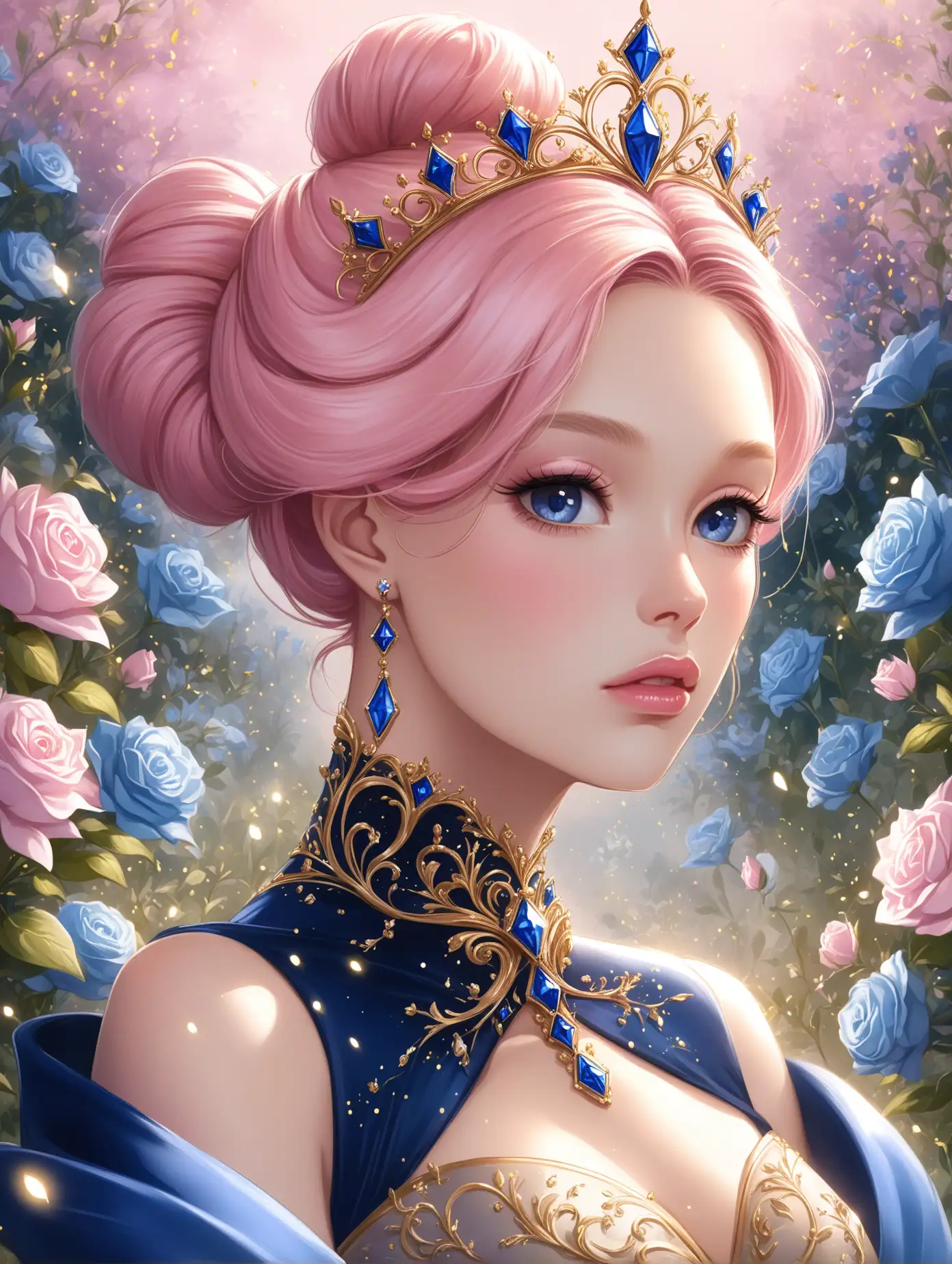 Illustration of a beautiful princesswoman, sexy, , full lips,  pink hair up in a sleek bun , tiara, navy blue and gold princess gown, she's in a garden, white and blue flowers, pink fog, gold sparks, cinched waist, close up 